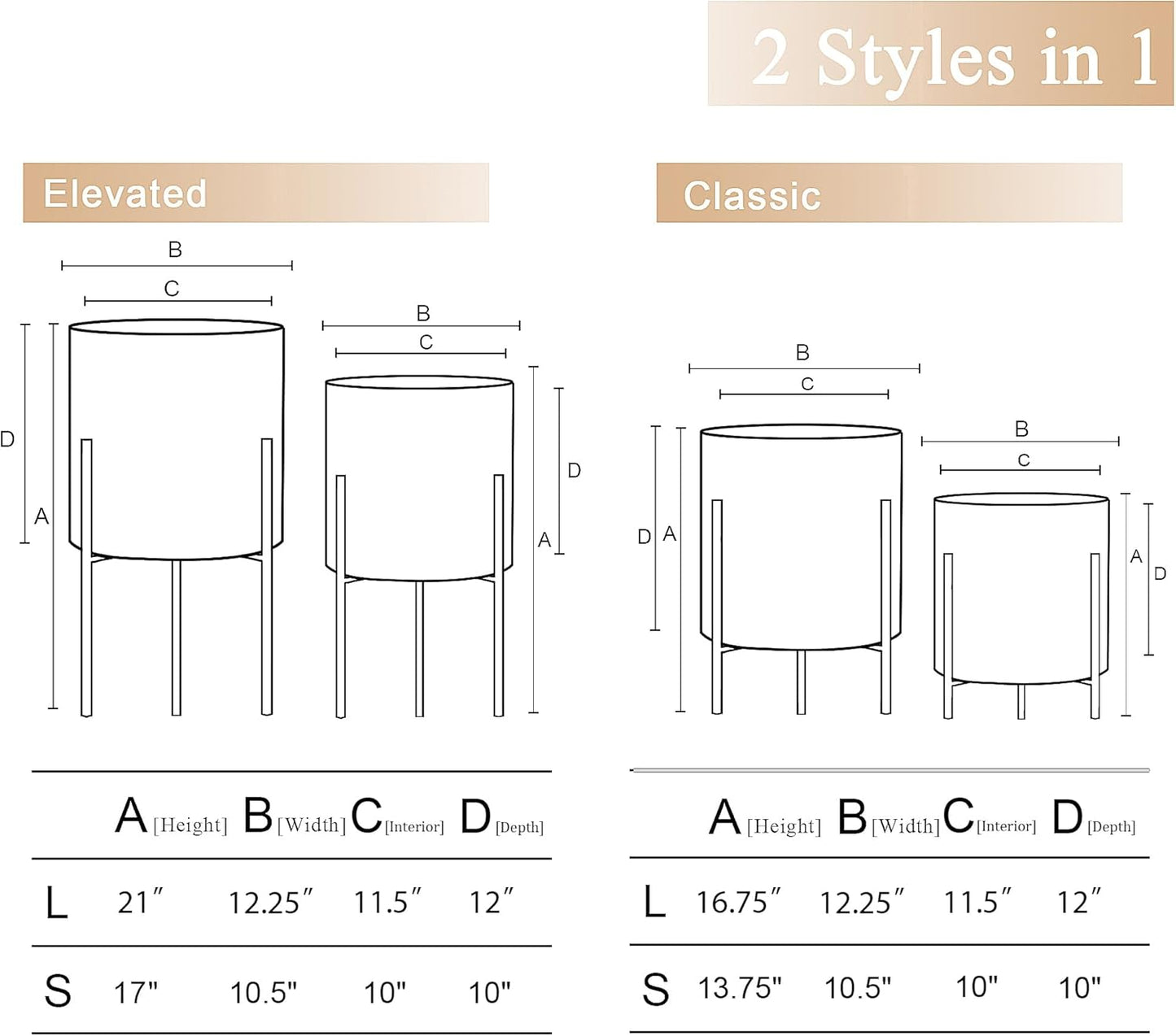 ARNIS Modern Planter Pots, Set of 2 Large Planters with Stand, Decorative Planters, Metal Pots with Drainage Holes for Living Room, Office, Garden or Balcony, 10.5 &12.25 Inch, Matte Black