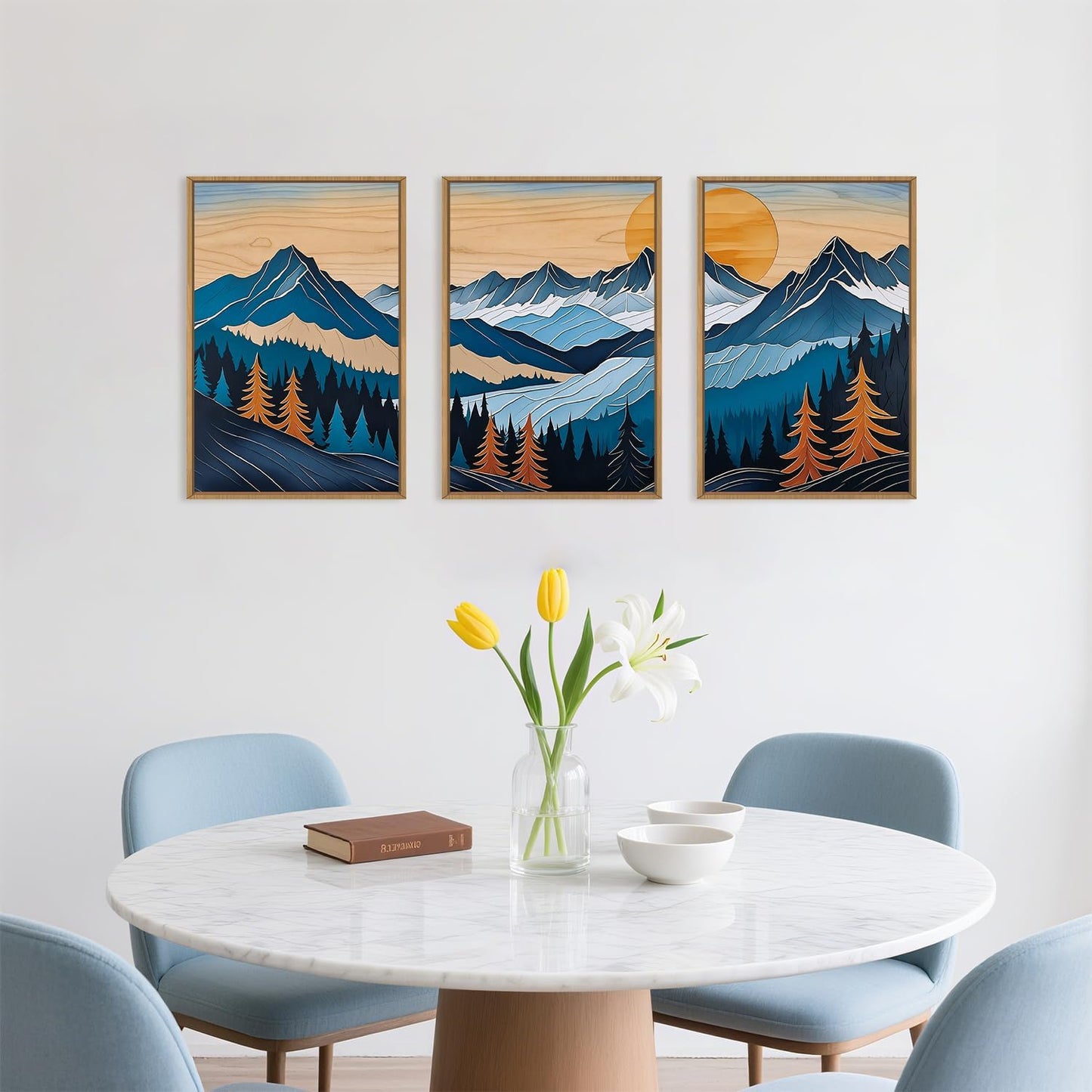 Celestdeco Blue Woodcut Mountain Framed Canvas Wall Art Set, Boho Abstract Ridge Wall Decor, Pine Tree Landscape Wall Painting, Sunrise Forest Art Print for Living Room, Bedroom, Office - 24"X36"X3
