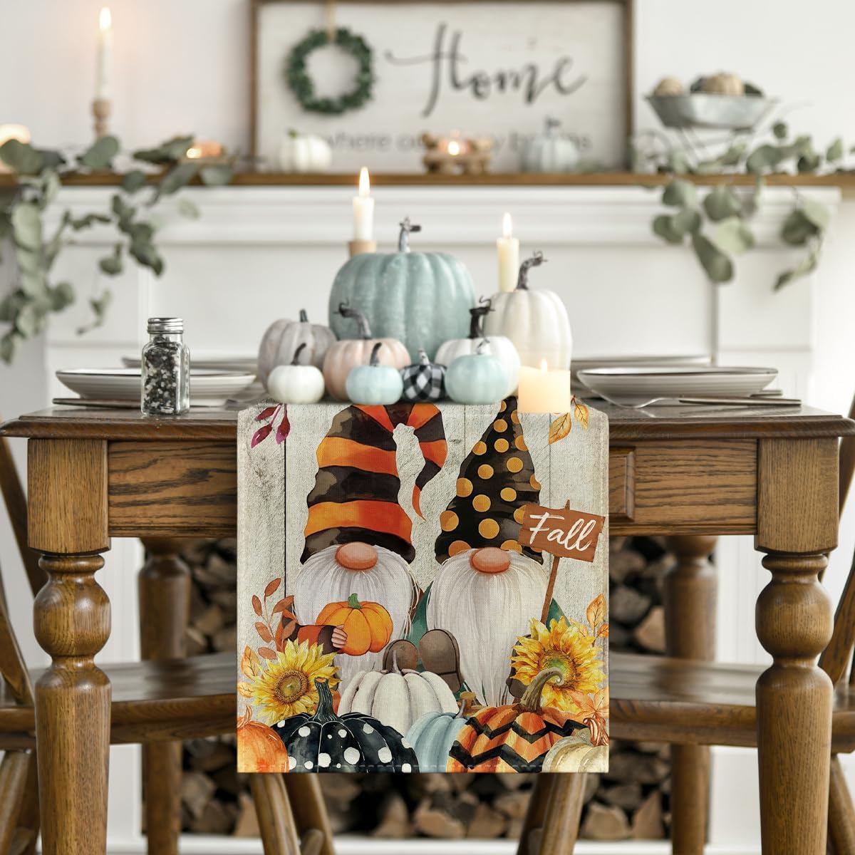 Artoid Mode Wood Gnomes Pumpkins Sunflower Maple Leaves Fall Table Runner, Kitchen Dining Table Decoration for Home Party Decor 13 x 60 Inch