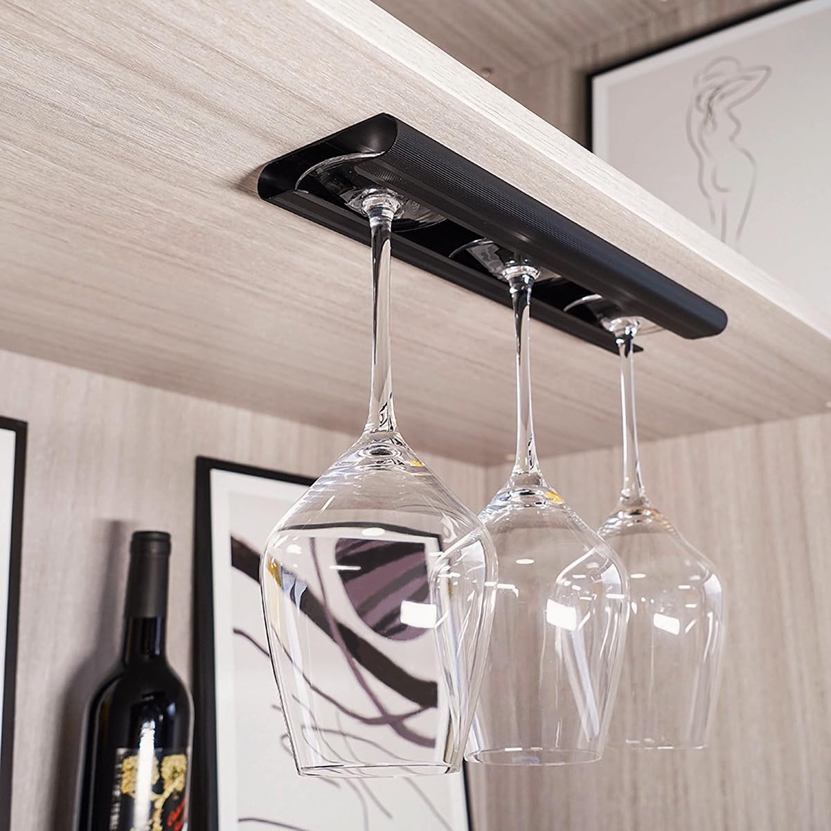 GeLive 12 Inch Wine Glass Holder Under Cabinet Stemware Rack Wine Glass Hanger Storage Organizer for Kitchen and Bar Aluminum Alloy Set of 2 (Black)