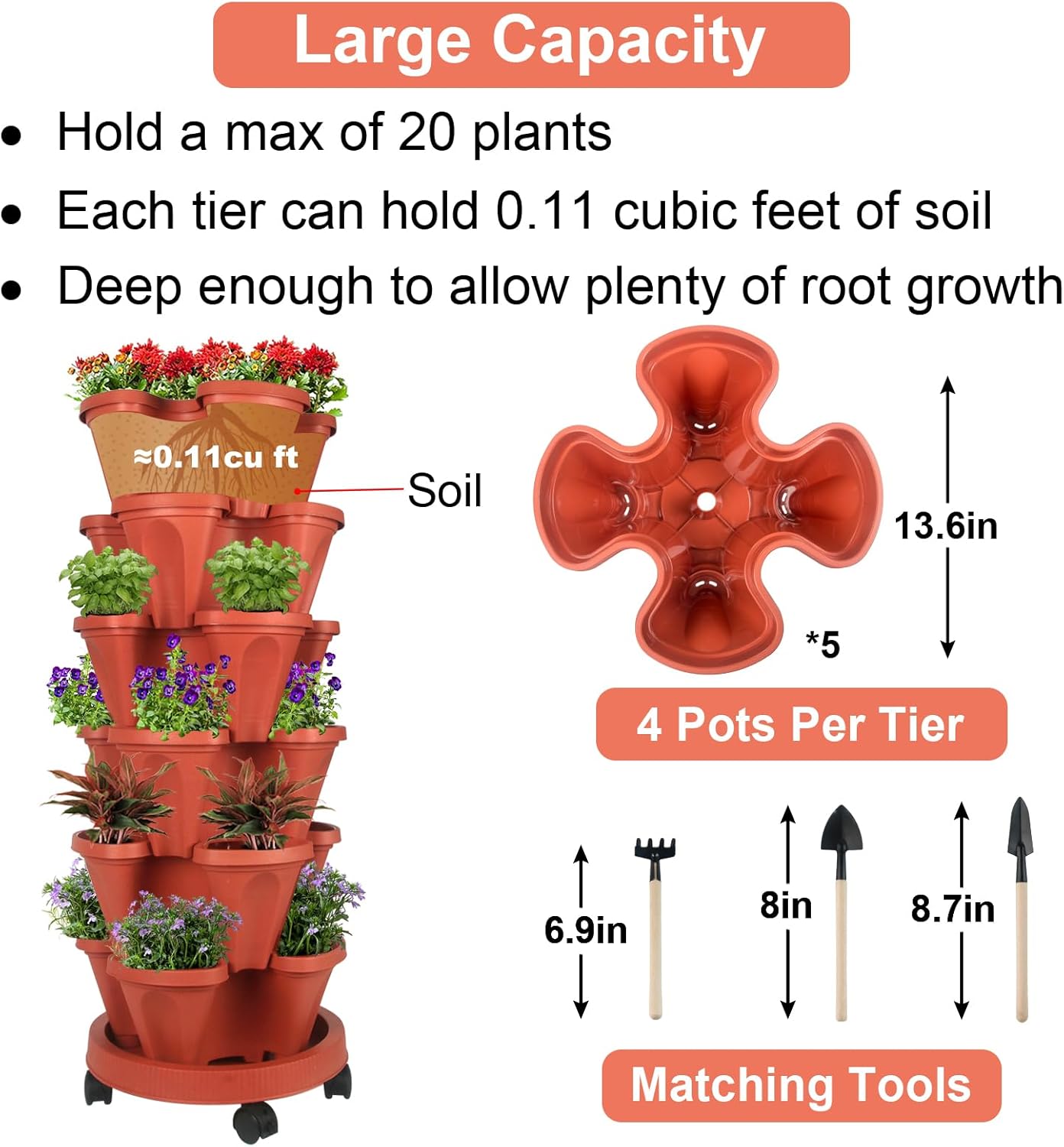 Vertical Planter 6 Tier Stackable Planters Garden Planters Strawberry Herb Flower and Vegetable Planter Indoor Outdoor Gardening Pots with Removable Wheels and Tools