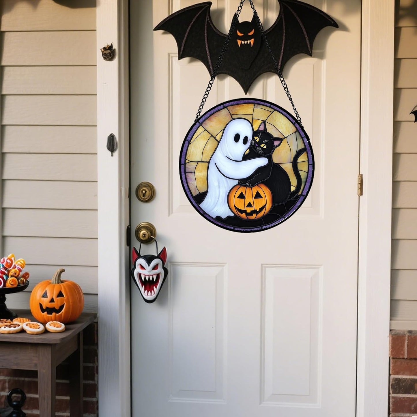Stained Glass Window Hanging - Halloween Decorations Cute White Ghost Black Cat Suncatcher for Doors Garden Spooky Sun Catchers Gothic Decor Horror Gifts for Women Men Friend Boy 6.3 in