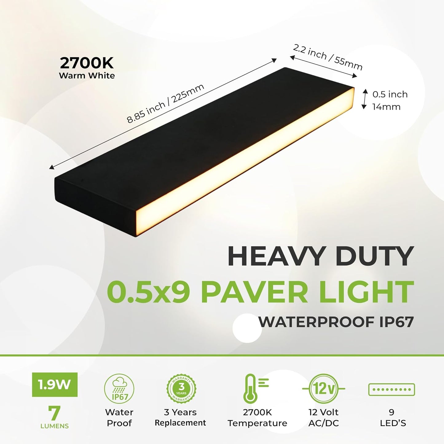 LUMENGY Paver Light Slim 0.5x9 Inch (0.55X8.85X2.2) Glare-Free Steel Brick Lighting for Pavers, Walls, Driveway & Pathway Borders 2700K Warm White, Waterproof IP67, Drive-Over Rated - 12V AC/DC