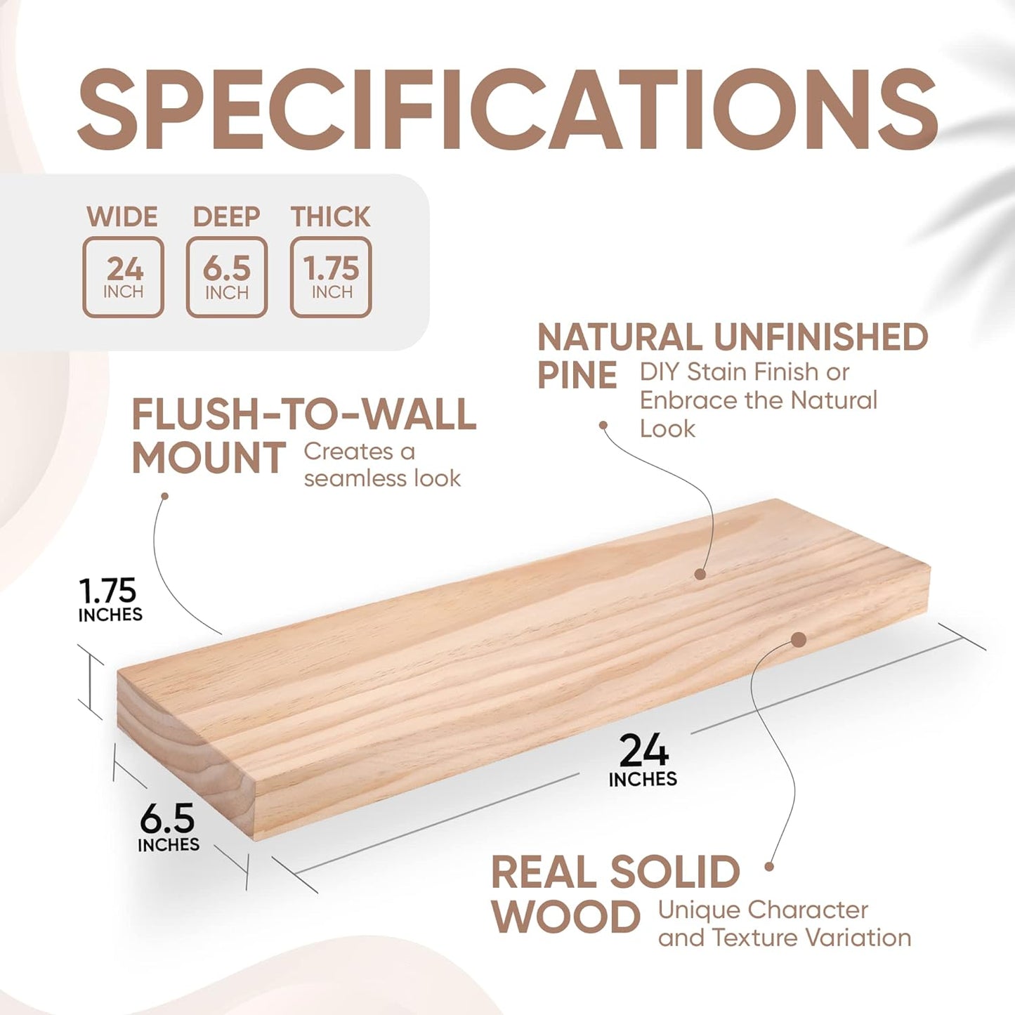 Homeforia 24 inch Wood Floating Shelves, High End Solid Natural Wood 24inch Floating Shelf for Wall, Unfinished Wooden 24 inches Floating Shelves, Heavy Duty Bracket, 24 X 6.5 X 1.75 in, Set of 2