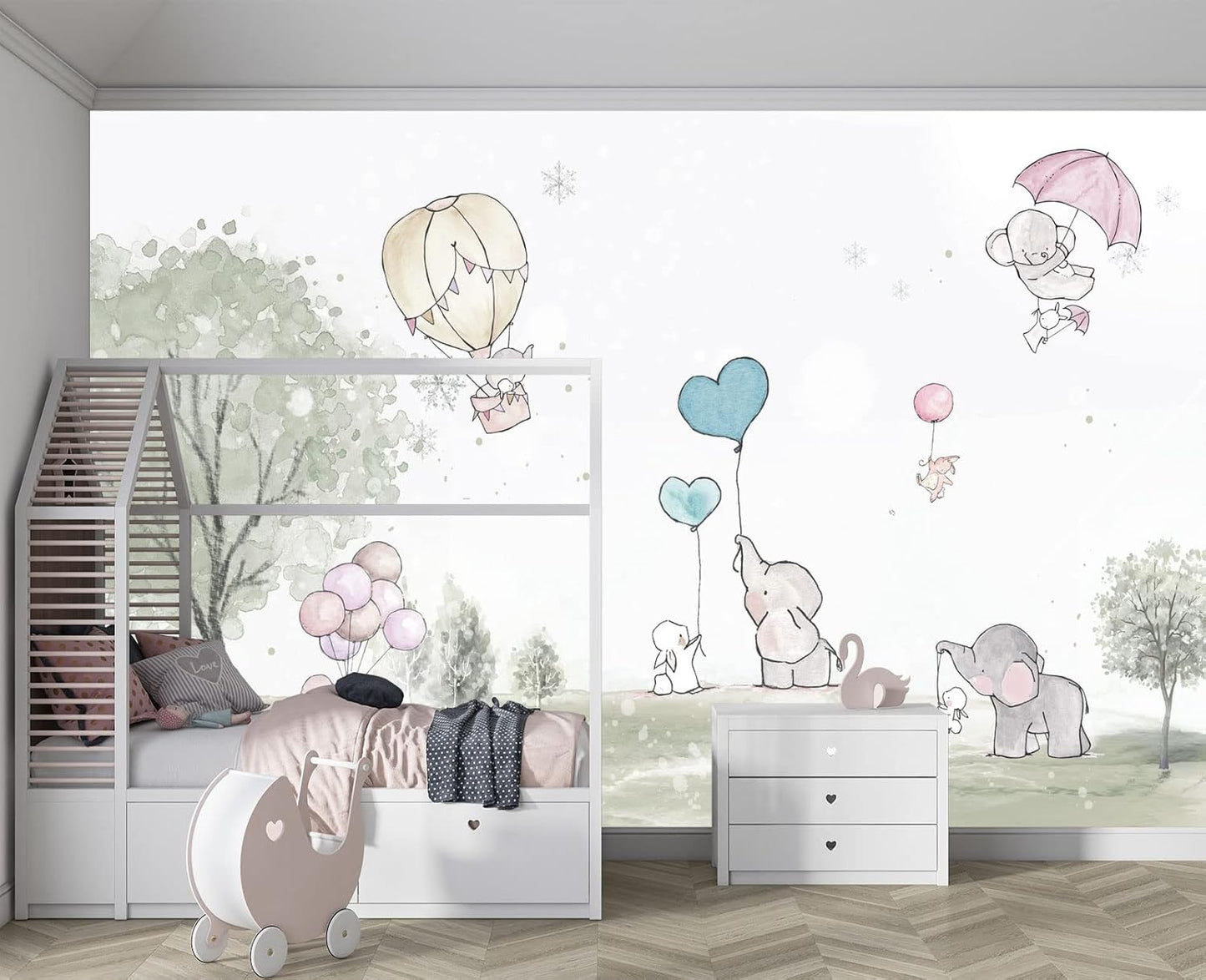 Cartoon Elephant Rabbit Balloon Nursery Wall Mural Wallpaper 178" x 117"