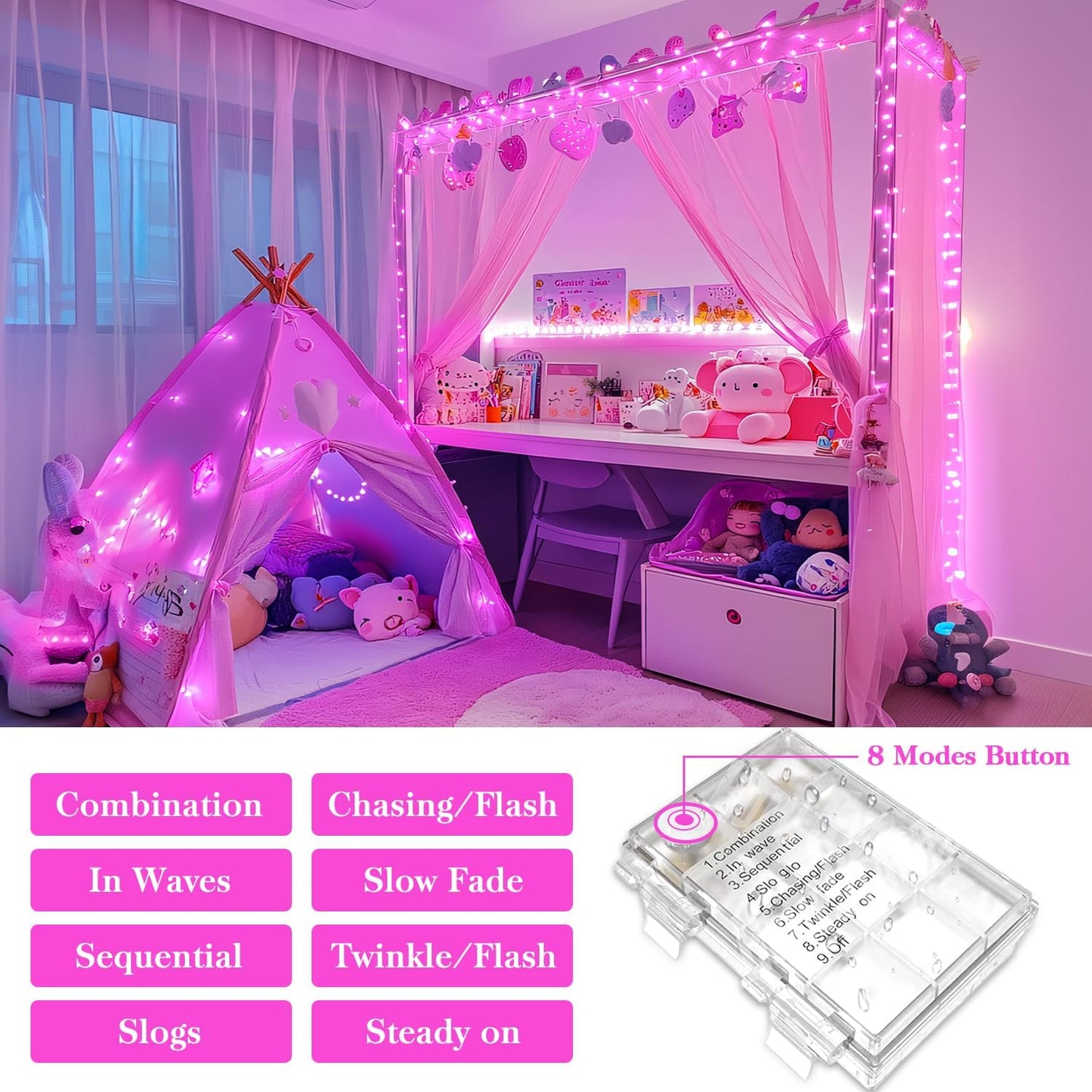 JMEXSUSS 33ft 100 LED Pink String Lights Battery Operated, Pink Fairy Twinkle Lights with 8 Modes Remote Indoor Outdoor for Bedroom Christmas Party Tree Decorations