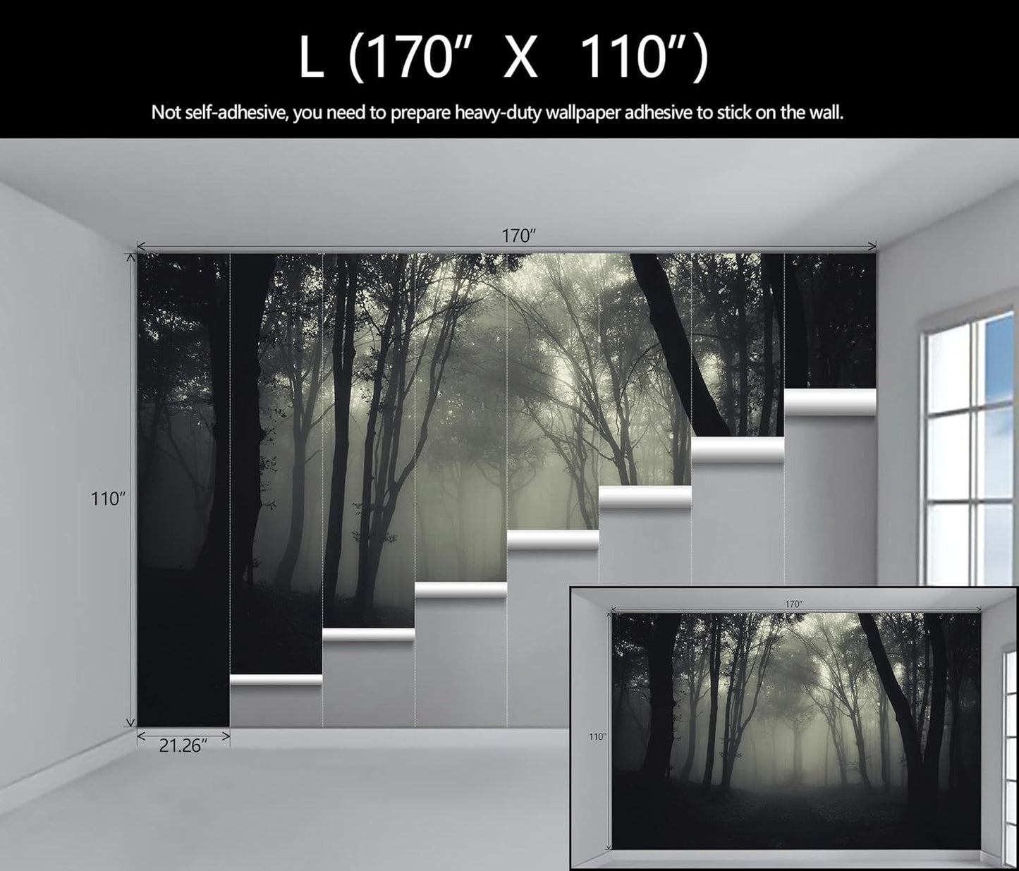 Foggy Black Forest Wallpaper Bedroom Dark Woodland Trees Wall Mural Living Room (Not Peel and Stick)