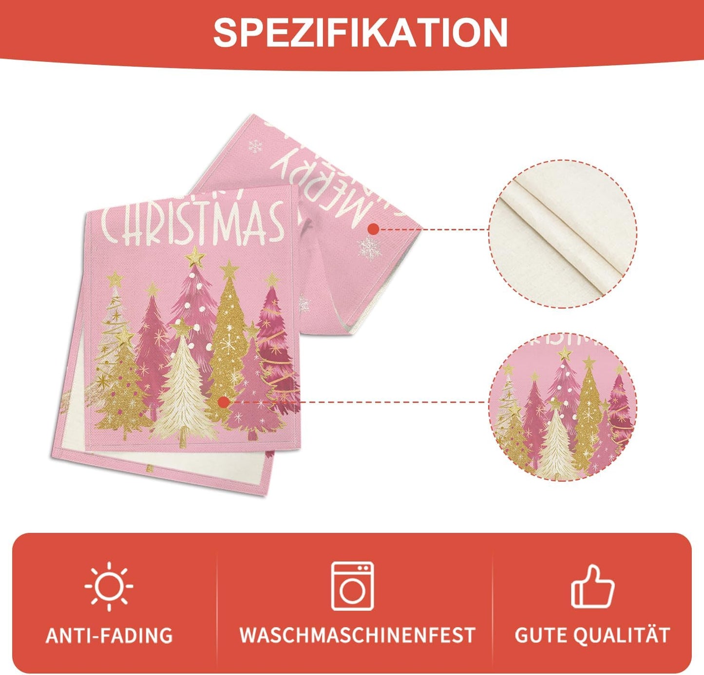 Artoid Mode Xmas Trees Snowflakes Pink Merry Christmas Table Runner, Winter Seasonal Kitchen Dining Table Decoration for Home Party Decor 13x60 Inch