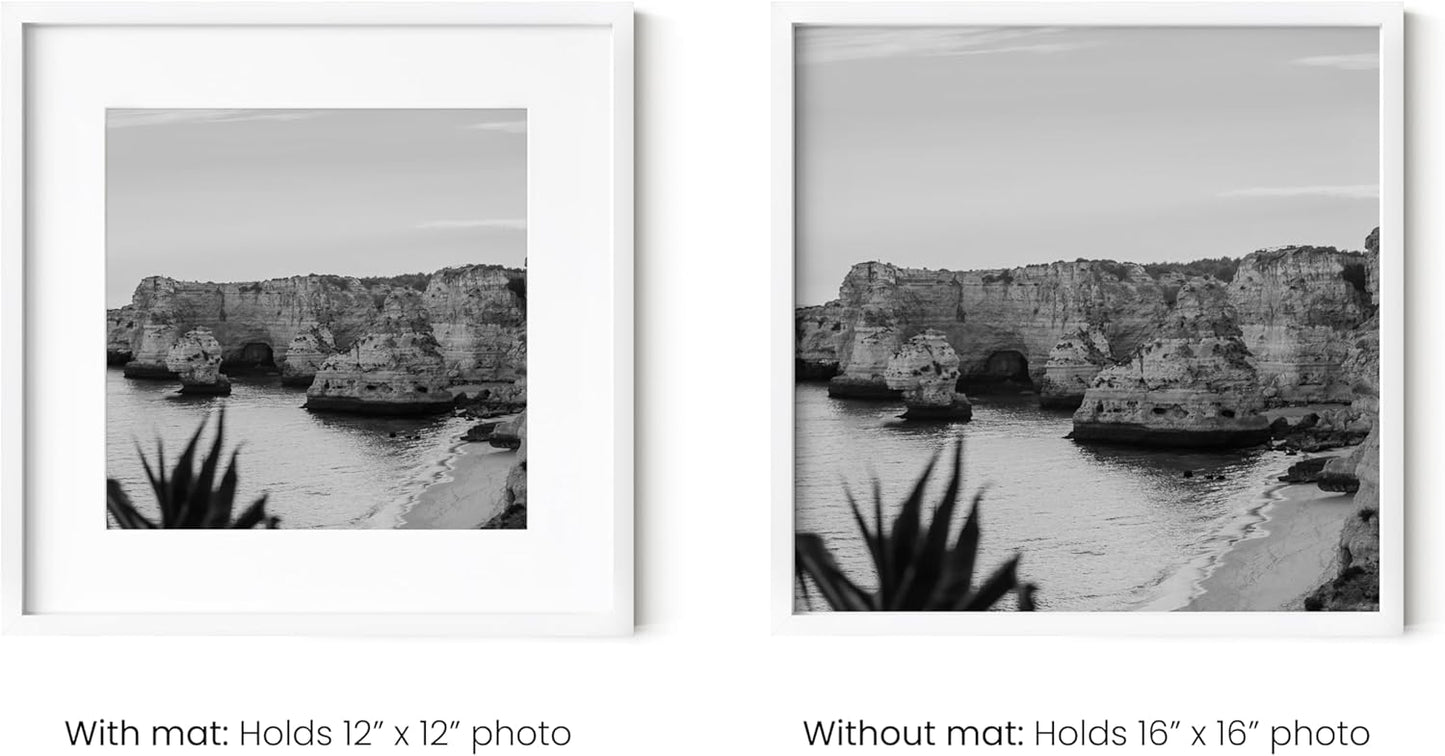 HAUS AND HUES 16x16 White Metal Picture Frame Matted to 12x12 - Features Premium Aluminum & Hanging Hardware, Shatterproof Plexiglass - Ideal for Home, Room, Office (16x16 in, White, Set of 1)