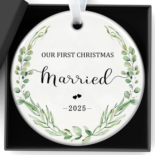 Christmas Ornaments 2025 Our First Christmas Married 2025 Ornament 1st Xmas Married Presents Newlywed Ornament Xmas Hanging Decor for Bridal Shower Wedding Gift 3 Inch Ceramic