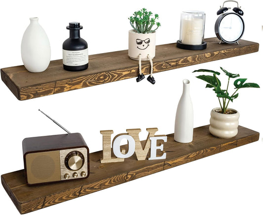 BGMG Floating Shelves 48 inch Long, Distressed,Wide Rustic Wooden Wall Shelves for Bathroom Living Room Bedroom Kitchen Farmhouse Set of 2-48x6.7x1.25 inch-Distressed Walnut