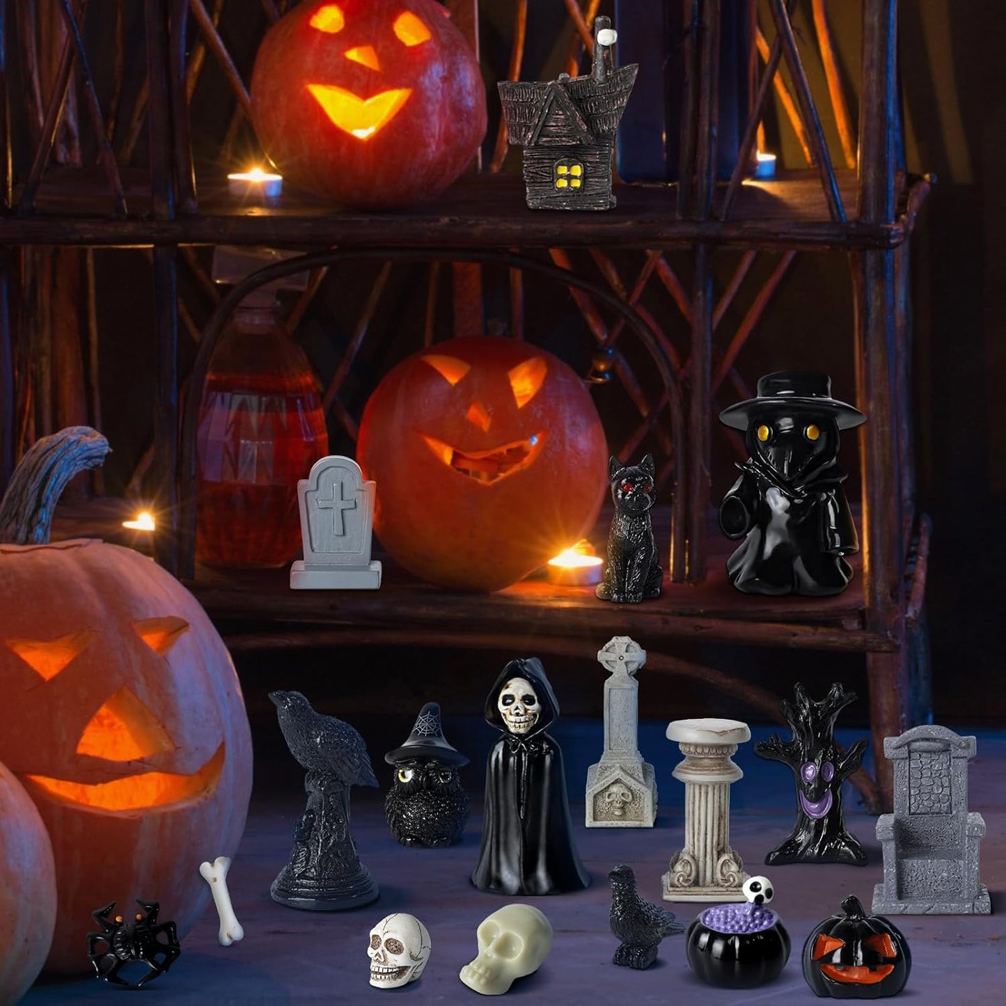 40Pcs Halloween Miniatures for Crafts Mini Figurines Skull Heads Resin Tombstones Skeleton Ornaments Halloween Fairy Garden Decor Horror Village Collections Dollhouse Accessories Decor ﻿