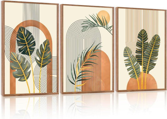 KAIRNE Boho Canvas Wall Art,Tropical Palm Leaf Wall Decor,Mid-Century Geometric Illustrations Set of 3(16”X24”),Abstract Line Pictures,Modern Botanical Prints for Living Room Bedroom Dining Room Decor