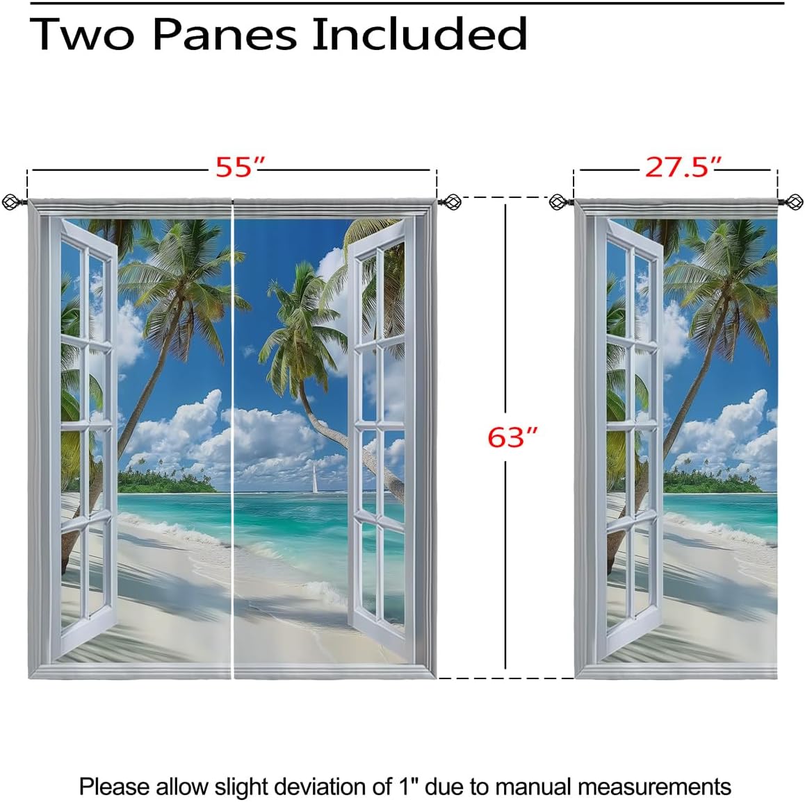 Beach Blackout Curtains for Girls Boys Teens Home Decor, Tropical Summer Scene Ocean Island Palm Tree Grommet Thermal Insulated Drapes Darkening Window Curtain for Bedroom Living Room, 55 x 63 Inch