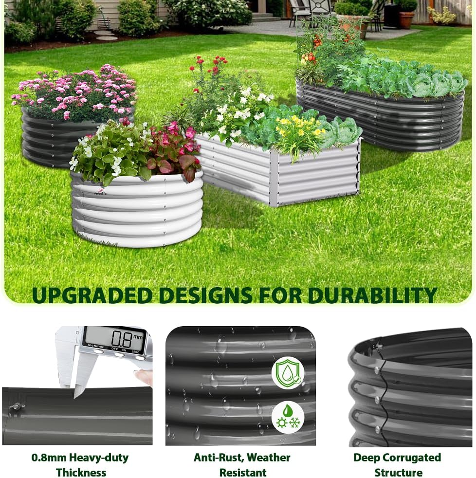 A ANLEOLIFE 6X3X2 ft Galvanized Raised Garden Beds Outdoor-8 Pack, Oval Large Metal Deep Root Planter Box for Planting Vegetables Flowers Herb, Anti-Rust & Easy-Setup, Quartz Grey