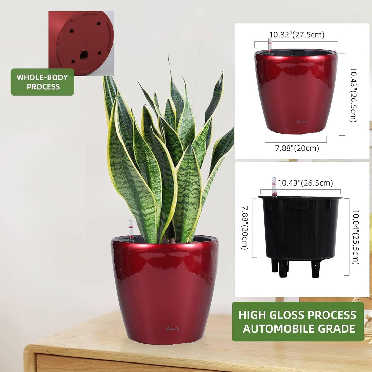 Dexceder 11x10 Inches High Gloss Self Watering Planter Indoor Outdoor, Inner Pot Design, Thickened Table Flower Plant Pot with Water Level Indicator (Red)