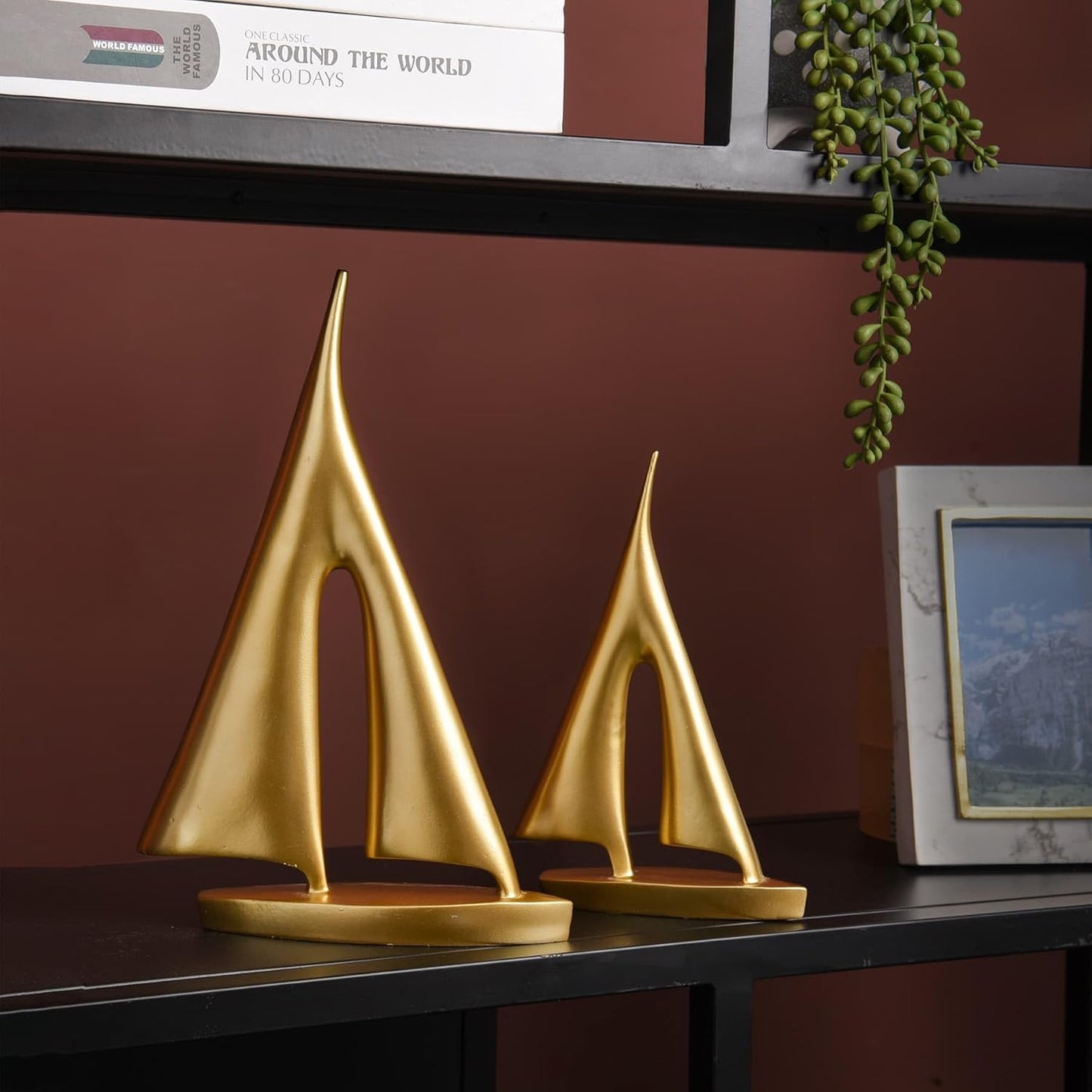 Modern Sculptures Home Decor, Gold Sailboat Decor Ornament, Boat Decorations Statue Decor, Art Sculptures and Statues, Sailboat Gifts Home Office Bathroom Shelf Decor Nautical Decor (2 Pack)