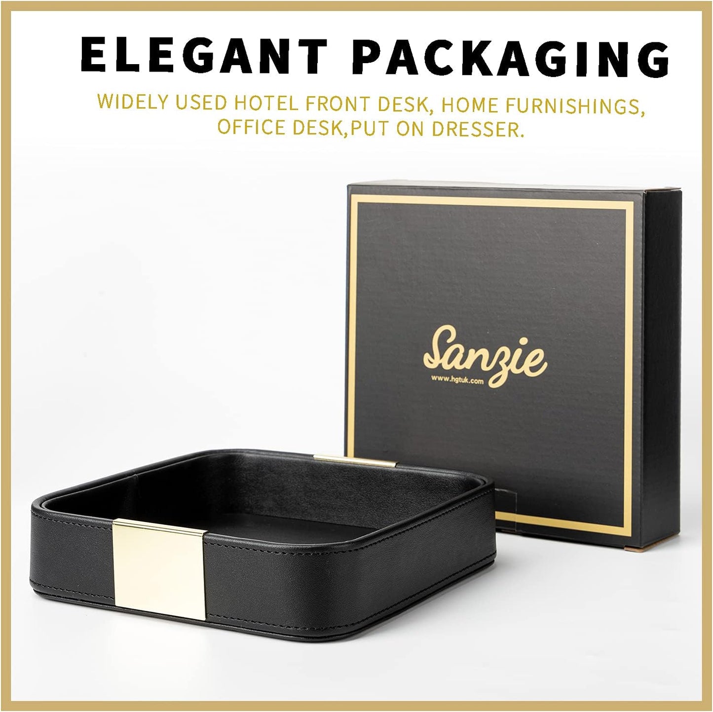 SANZIE Luxury Leather Desktop Storage Small Catchall Organizer Decorative Tray for Entryway Table to Hold Jewelry Watch Cosmetics Keys Phone Wallet, Home & Office Accessories (Metal Glided, Black)