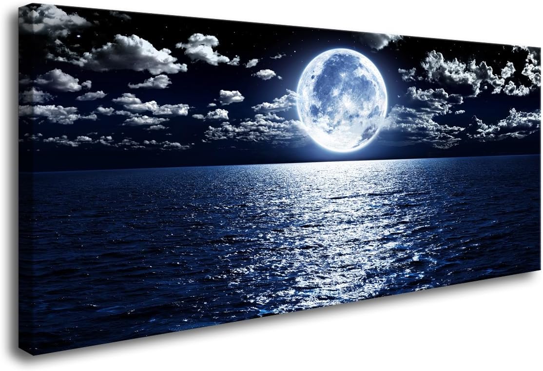 Cao Gen Decor Art S06950 Wall Art Canvas Prints Moon Sea Ocean Landscape 1 Panels Full Moon in Cloud Pictures Paintings Stretched and Framed for Living Room Bedroom Kicthen Office Artwork 20x40inch