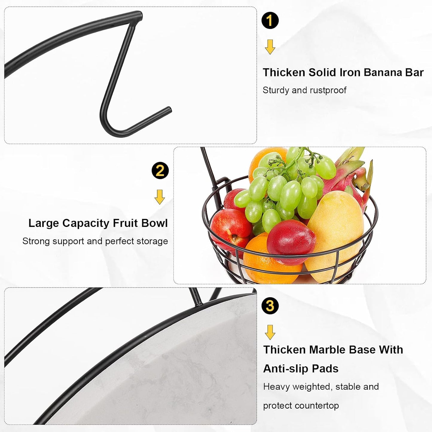 Livabber Countertop Fruit Basket Bowl with Banana Hanger, Modern Standing Fruit Vegetable Bowl Storage, with Banana Tree Holder for Kitchen Dinning Table (Round Marble, Black)