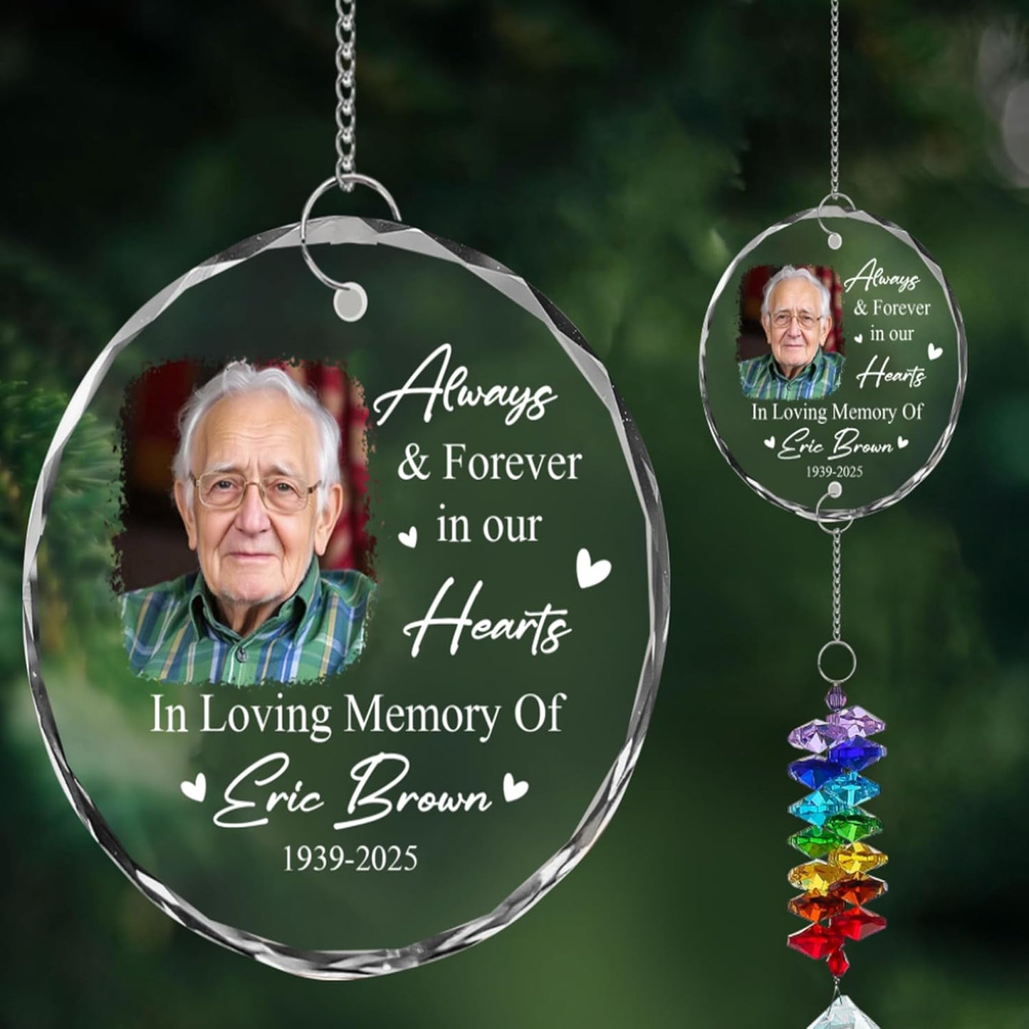 Personalized Memorial Ornament with Photo – Custom Glass Suncatcher for Loss of Loved One – Always & Forever in Our Hearts Rainbow Hanging Crystal – in Loving Memory