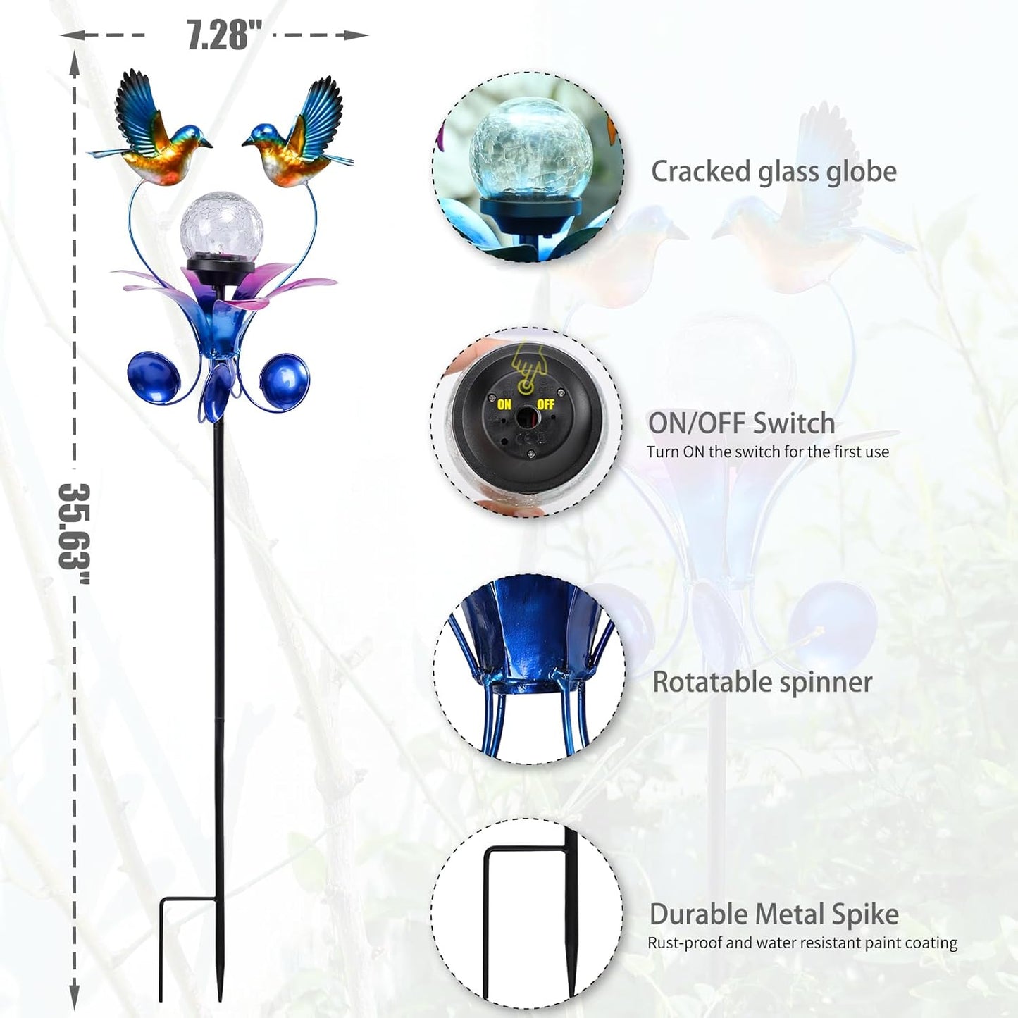 VCUTEKA Solar Lights Outdoor Metal Garden Stake Waterproof Crackle Glass Globe Garden Decor Blue Jay Bird for Pathway, Lawn, Patio, Yard