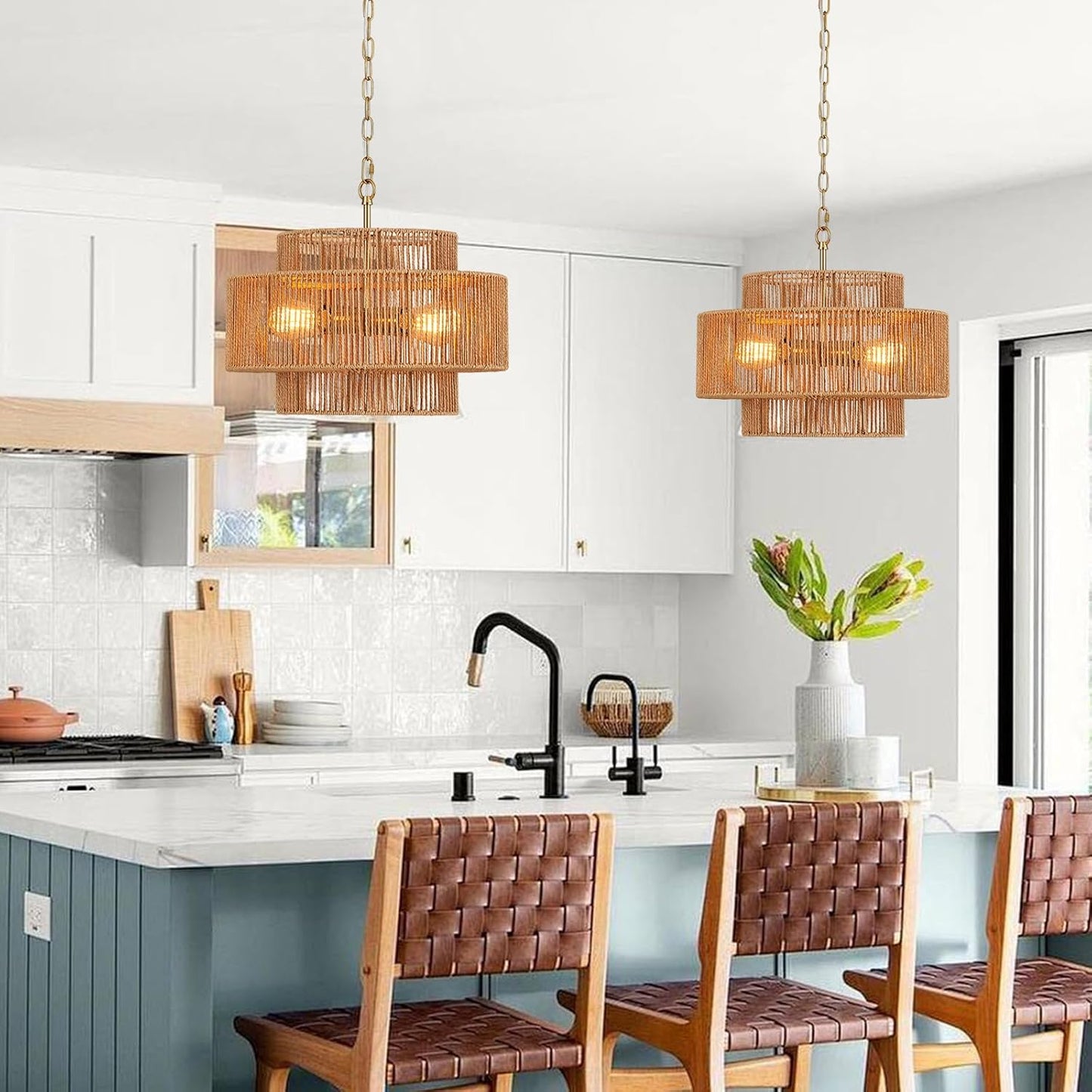 17.7" Boho Rattan Chandelier Light Fixture 4-Light Hand-Woven Bamboo Vintage Farmhouse Chandelier Drum Wicker Golden Chandeliers for Dining Room, Kitchen Island, Bedroom, Foyer