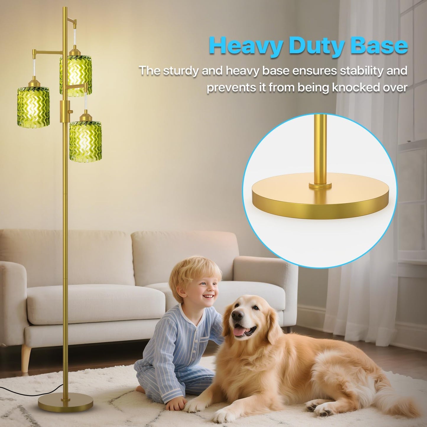 Gold Floor Lamp for Living Room, Vintage 3-Light Green Glass Standing Lamp, Brass Base Mid Century Modern, Retro Tree Design Tall Floor Lamps