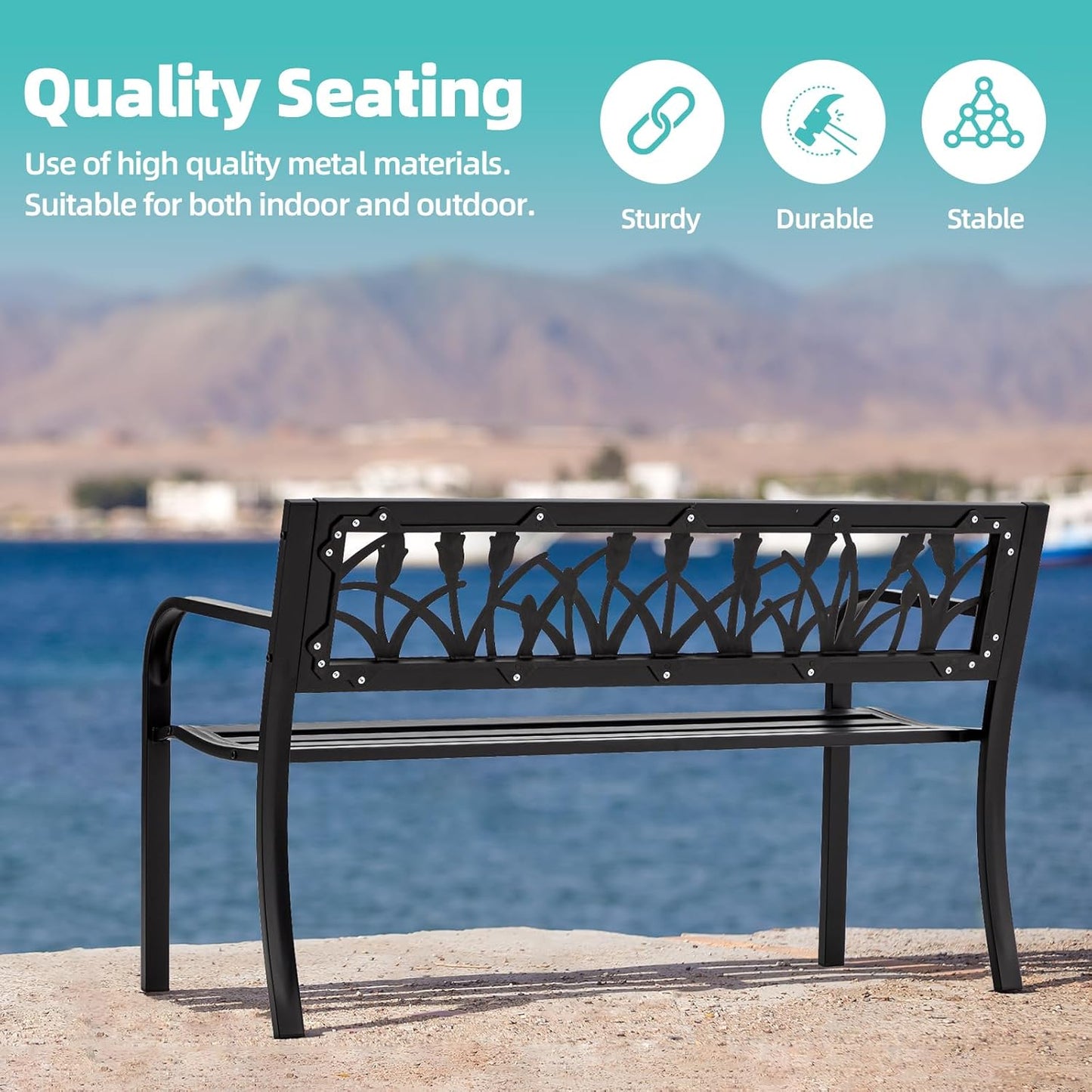 AVAWING Outdoor Bench, 2-Person Garden Benches for Outside, Metal Frame Patio Seating with Floral Pattern Backrest, Armrests for Lawn, Park, Porch, Entryway, Black