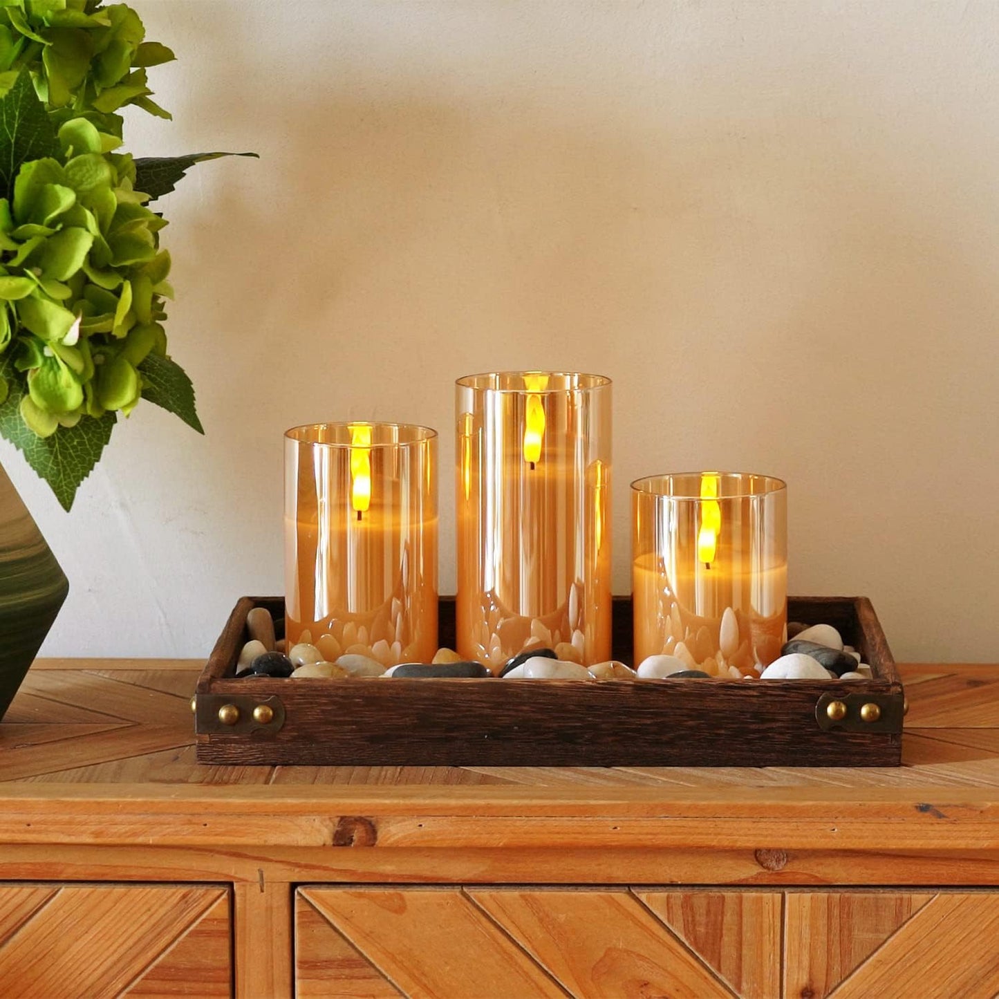 Homemory Amber Glass Flameless Candles, Battery Operated LED Pillar Candles with Remote Control and Timer, Radiance Candles, Real Wax, Set of 3,D3 xH4 5" 6"