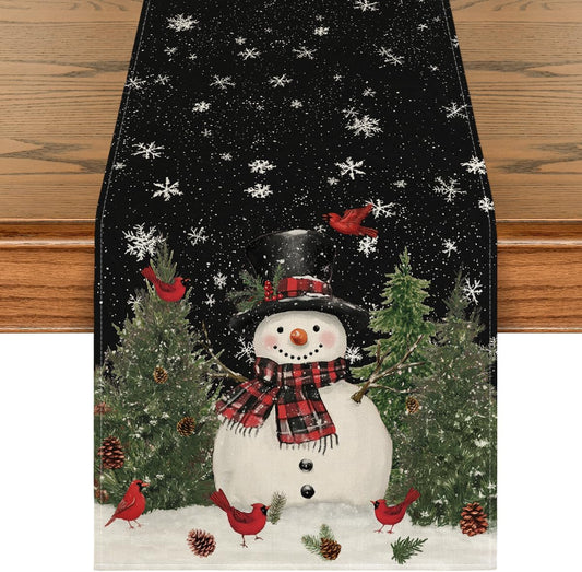 Artoid Mode Snowman Birds Trees Christmas Table Runner, Seasonal Black Winter Holiday Kitchen Dining Table Decoration for Home Party Decor 13 x 108 Inch