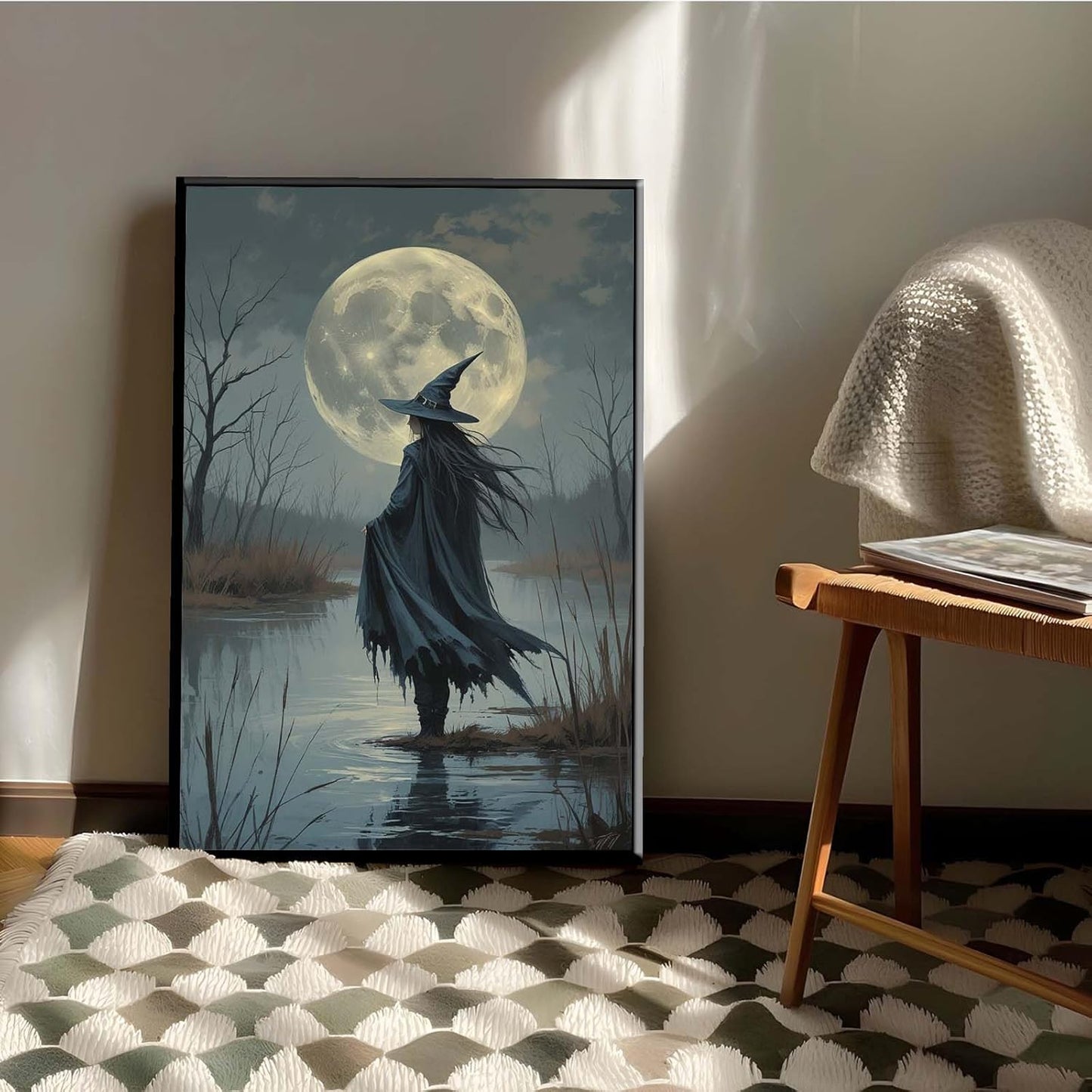 JFHCQJPK Witch in the moonlight magic canvas wall art enchanting Halloween home decor swamp witch silhouette oil painting mysterious gothic aesthetic wall decor print poster24x36in Metal blackFramed