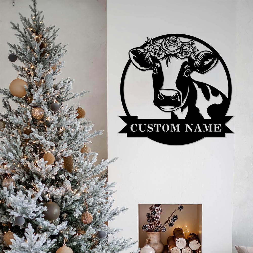 Cow Metal Sign Custom,Cow Personalized Family Name Sign Wall Art,Farm Customized Metal Wall Decor Gifts for Wedding,Funny Cow Monogram Decor for Farmhouse Bedroom Outside Garden Ranch Yard Wall Decor