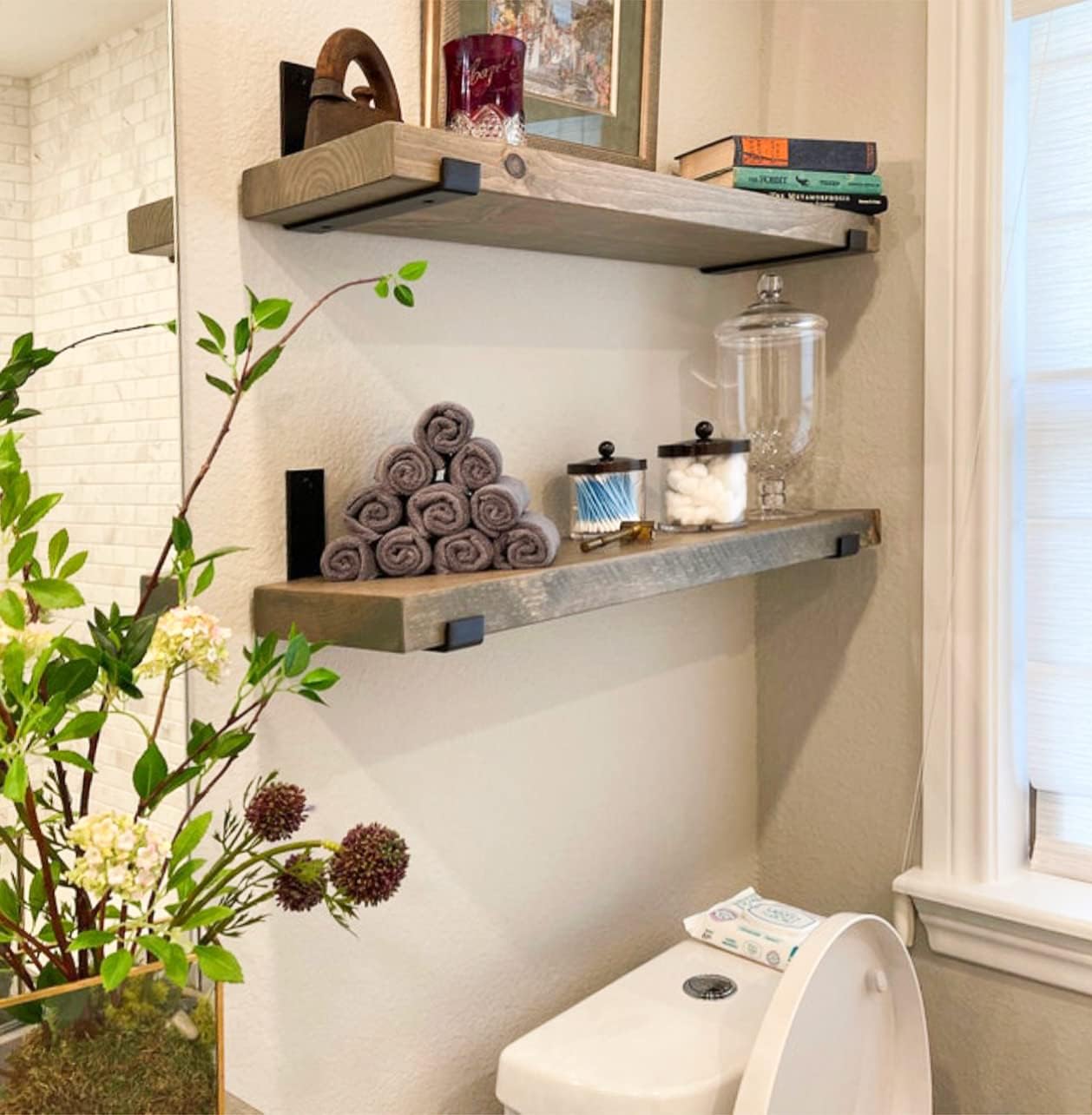 Rustic Shelves with J-Brackets Set of 2, Industrial Shelf, Kitchen Shelves, Solid Wood, Decorative Wall Storage, Heavy Duty, URBANDI (Grey, 24Wx10D)