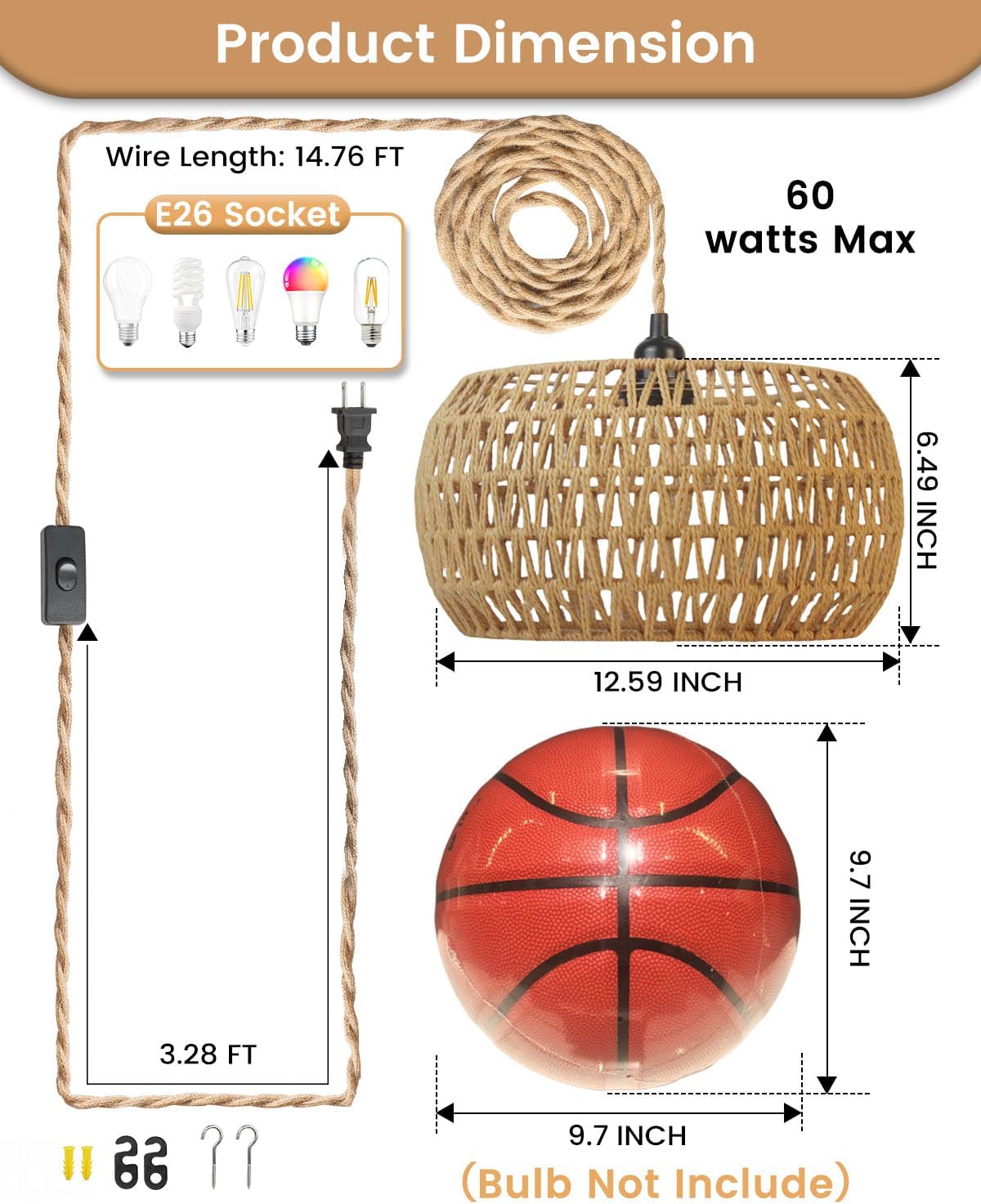 Rattan Boho Hanging Light,12.6'' Natural Hand Woven Fabric Drum Light,Plug Into Wall Outlet Pendant Light Fixture On/Off Switch for Dining,Living Room,Bedroom,Kitchen,Hallway Entryway, Without Bulb