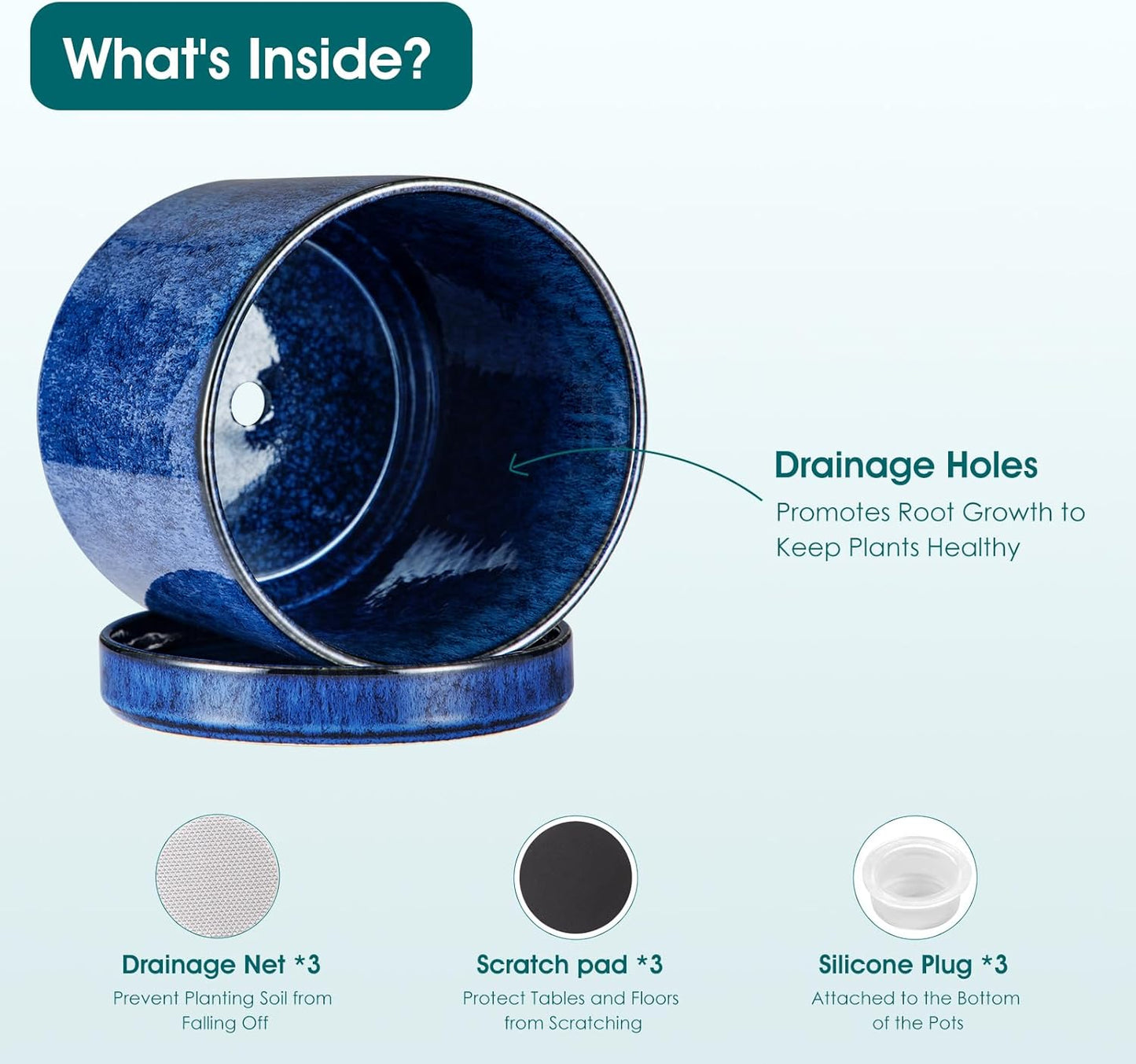 vancasso Ceramic Planters, Plant Pots for Indoor Plants, 6.25+8.25+10.25 Inch Ceramic Pots for Plants, Flower Pots with Drainage Holes (Blue, 6.25+8.25+10.25 Inch)