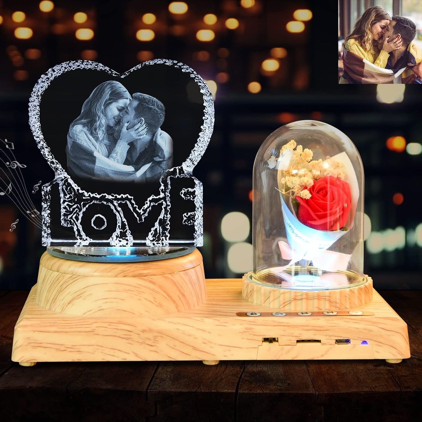 3D Crystal Photo, Heart-Shaped Love Photo Custom Night Light Personalized 3D Crystal Lamp with Bluetooth Rose Audio, Crystal Photo Frame Best Gift for Couple Love Women Men Wedding Christmas