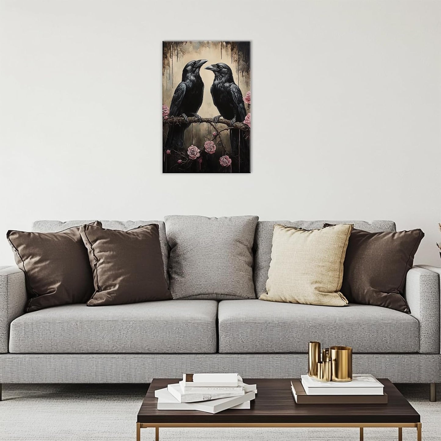 OAAPITI Crow Canvas Wall Art Black Raven Picture Print Pink Rose Poster Vintage Gothic Painting Artwork for Living Room Halloween Decor(Artwork-6,12"x18")