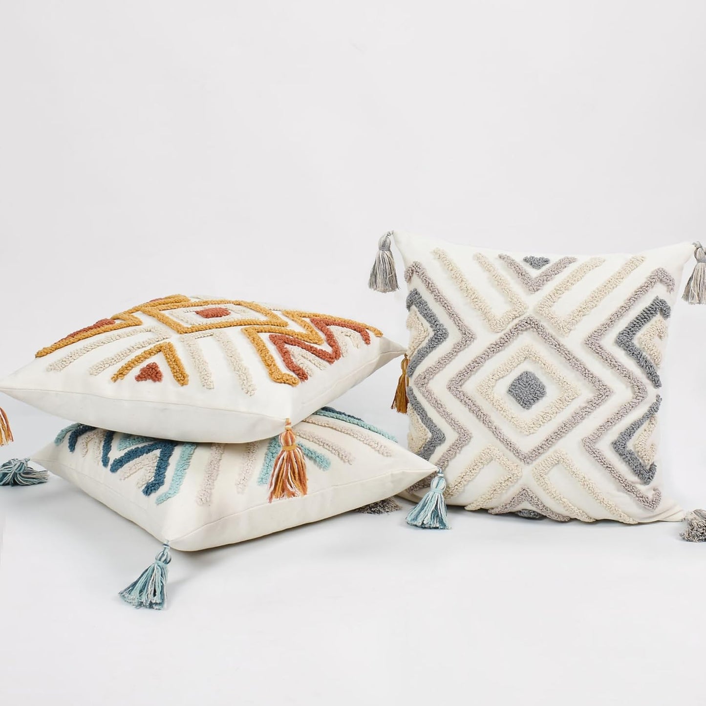 Boho Pillow Covers 18X18 Inch Boho Tufted Throw Pillow Covers Decorative Tassels Cushion Cover Farmhouse Pillow Case for Couch Sofa Bed Living Room Bedroom, Teal