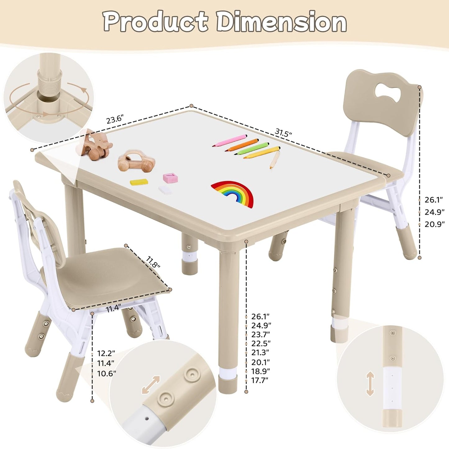 Toddler Table and Chair Set, Height Adjustable-Upgrade Kids Table and 2 Chairs for Ages 3-8, Multi-Activity Toddler Play Table with Graffiti Desktop for Home/Daycare/Classroom