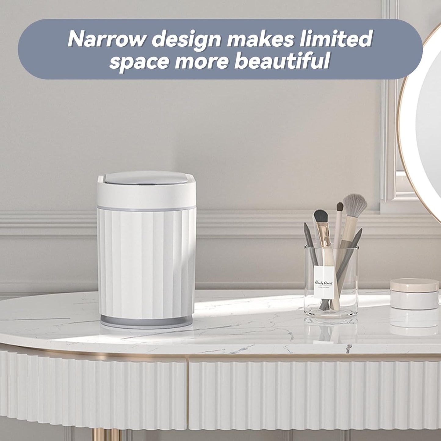 ELPHECO Mini Trash Can with Lid Small Desktop Trash Can with Lid, 5 Liter Automatic Garbage Bin, 1.3 Gallon Motion Sensor Countertop Waste Basket for Bedroom, Office, Bathroom, White with Grey Trim