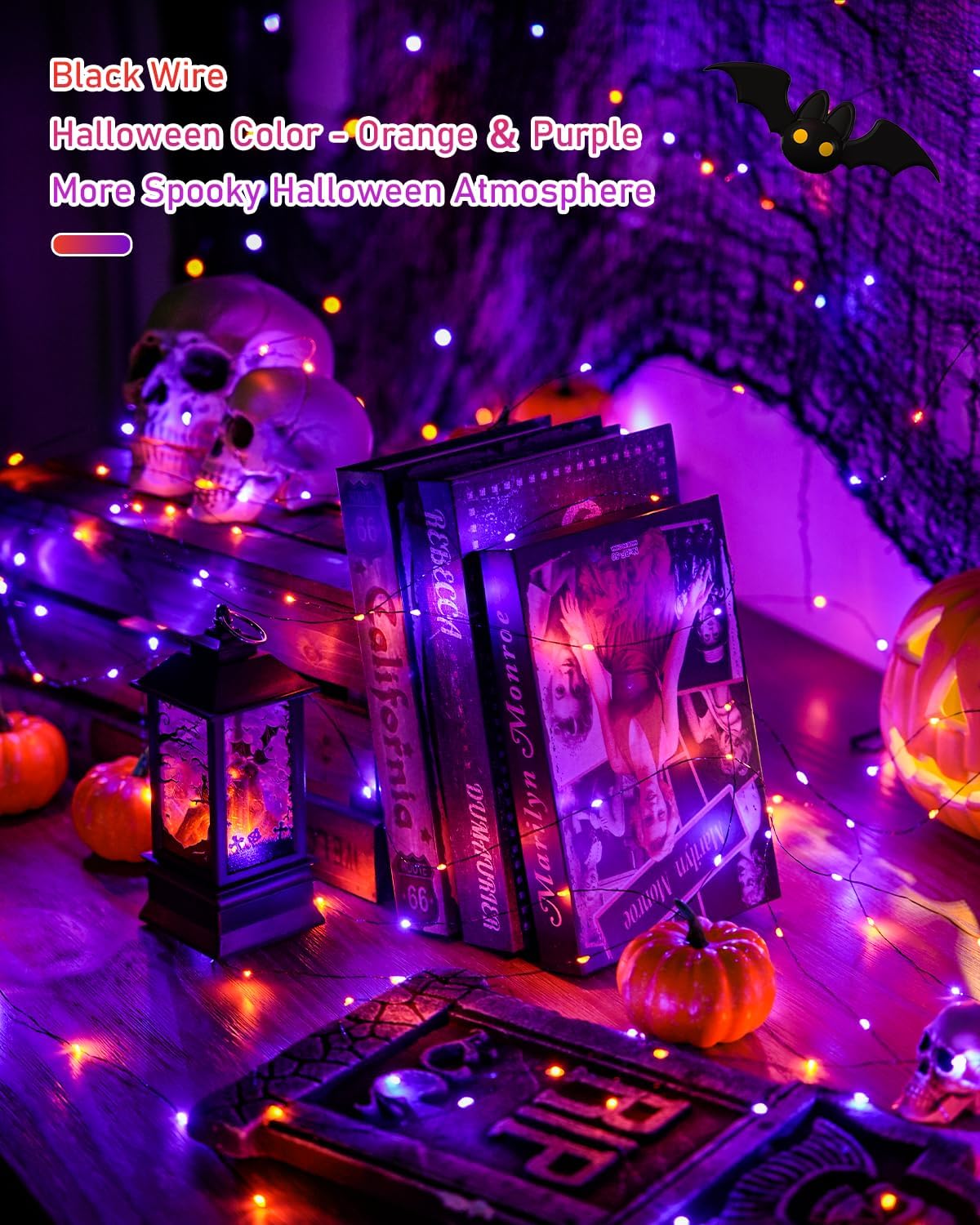 JMEXSUSS 2 Pack Solar Halloween Lights Outdoor Waterproof, Total 66FT 200 LED Orange and Purple Halloween Lights, 8 Mode Black Wire Solar Fairy String Light for Outside Yard Spooky Party Decorations