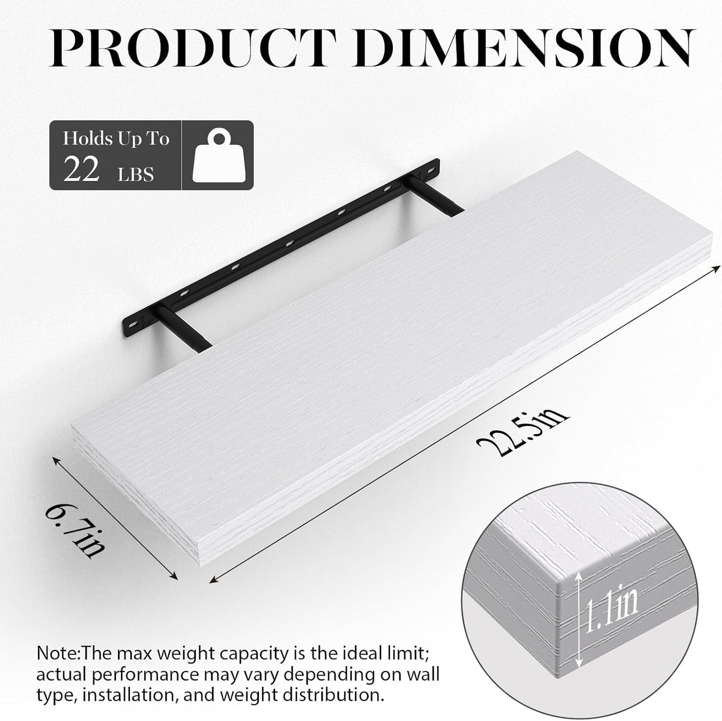 BAYKA Floating Shelves Set of 2, 22.5" Rustic Wood Wall Mounted Shelves for Bathroom, Bedroom, Living Room, Kitchen & Office, Hanging Display Shelf with 22 lbs Capacity (White)