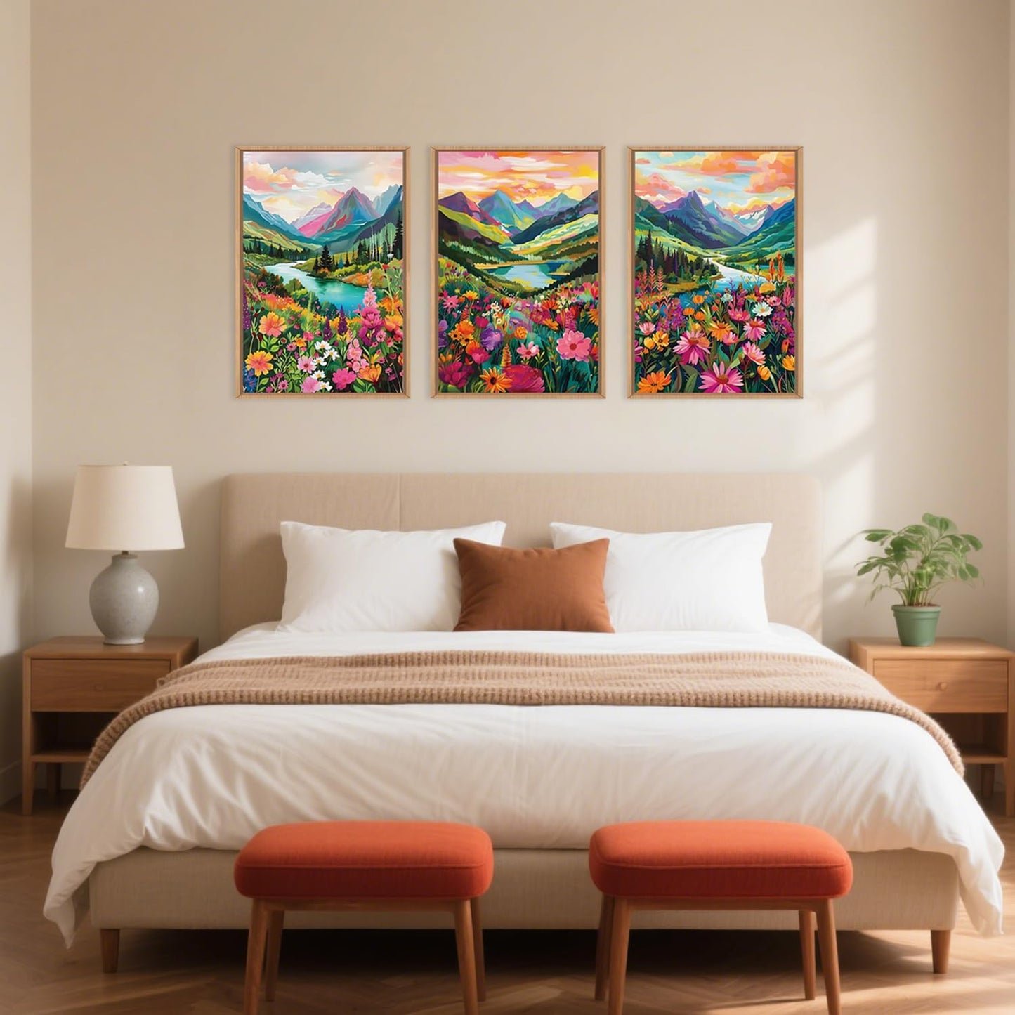 Wildflower Blossom Framed Canvas Wall Art Set, Colorful Flowers Painting, Abstract Landscape Wall Decor, Natural Ridge Floral Art Print for Living Room, Dining Room, Office - 16"x24"x3