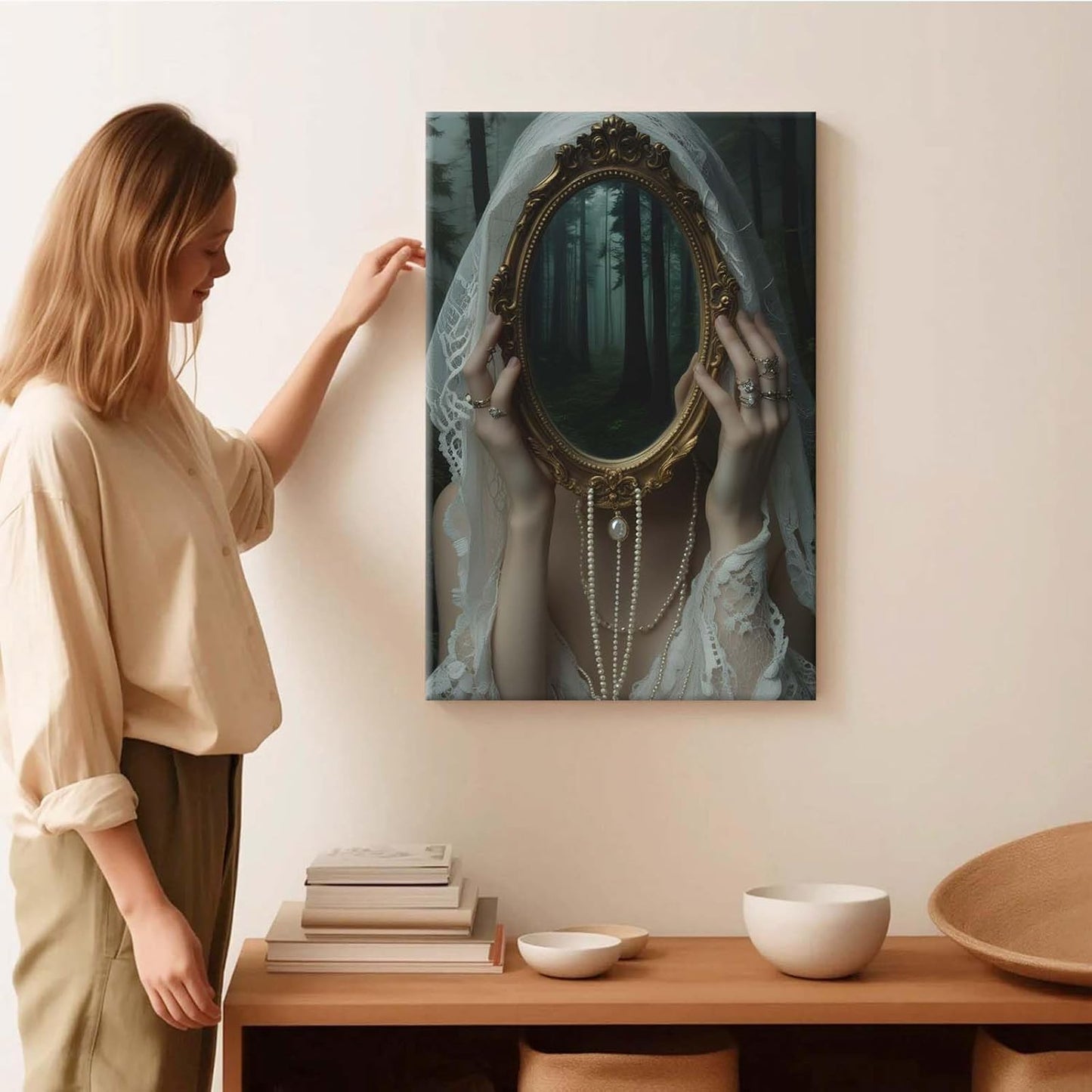 Mirror face covering dark art poster print melancholy gothic painting vintage feminine print victorian style decoration antique art16x24in Wood Framed