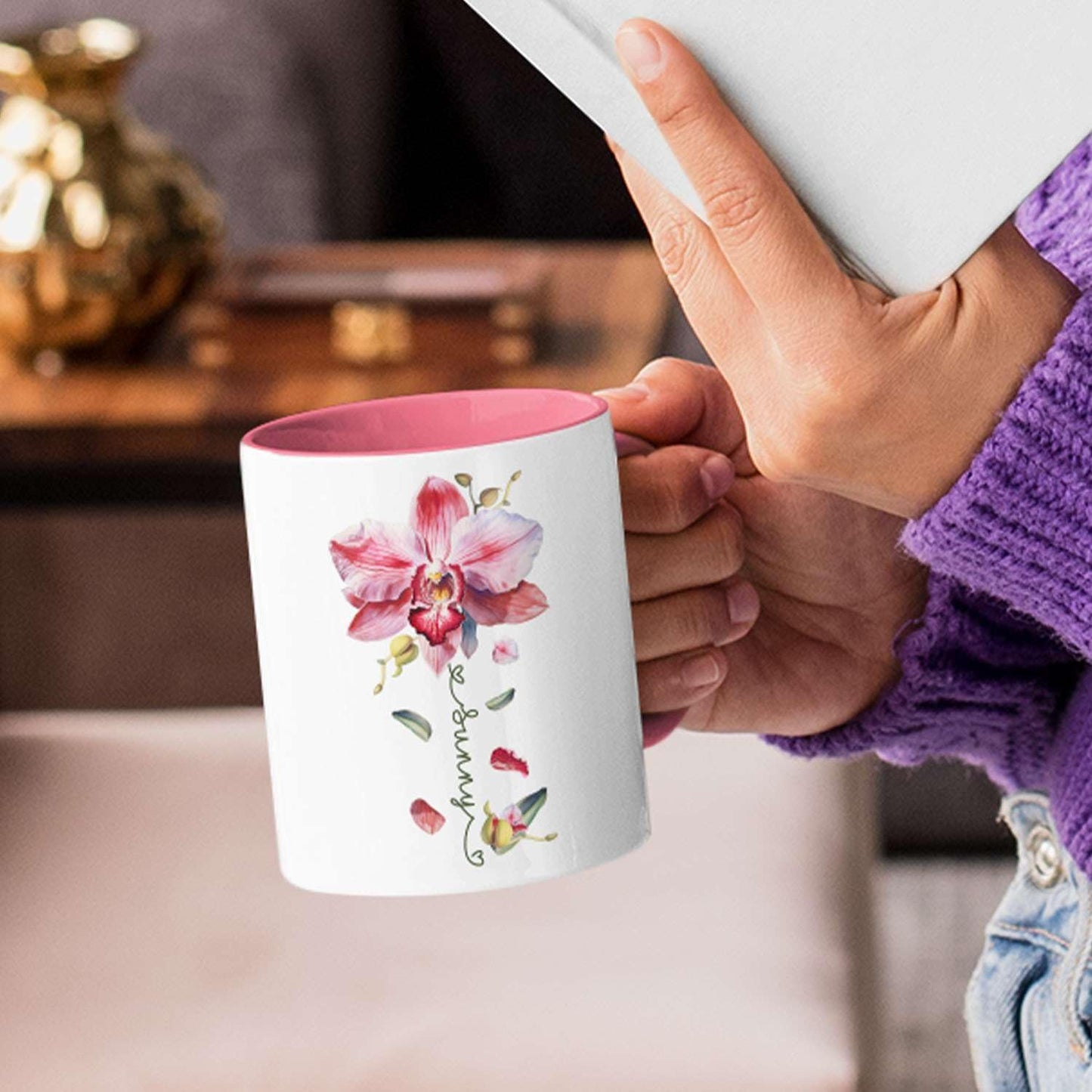 Novelty Coffee Cup With Orchid Design, Personalized Name Flower Accent Mug, Custom Orchid Flower Ceramic Cup 11oz 15oz, Customized Flower Lover Mug, Gift For Family Member