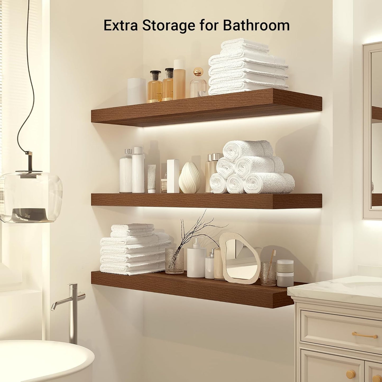 Heimlove 12" Deep Floating Shelves, 36 x 12 Inch Wall Mounted Long Floating Shelf with Invisible Brackets, for Home Decor, Bedroom, Kitchen, Living Room, Bathroom - 1 Pack, Walnut