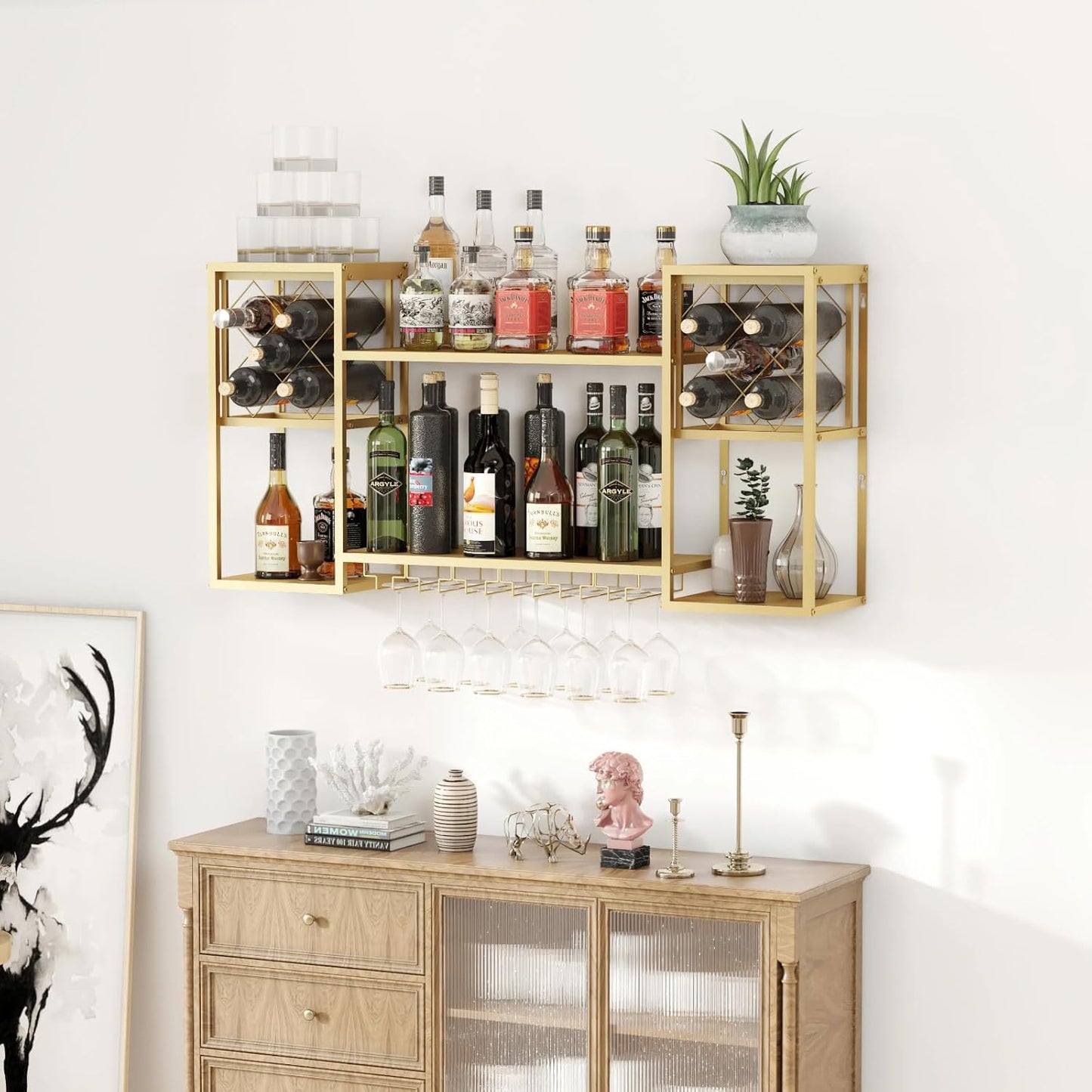 Wall Mounted Wine Rack with Glass Holder,Metal Floating Bar Liquor Shelves 2 Tier,Wine Glass Rack Multi Functional Wine Storage Display Rack for Home Bar Dining Room Kitchen,Gold