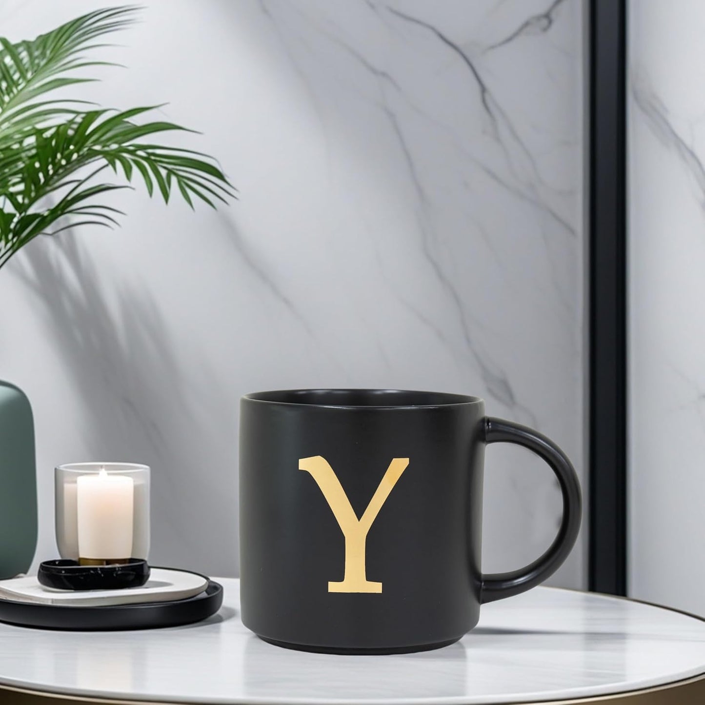 COLLECTIVE HOME - Monogram Ceramic Mugs, 15 oz Golden Initial Black Coffee Cups, Elegant Alphabet Tea Mugs, Elegant Personalized Mug with Gift Box, Unique Mug with Double Side Capital Lette (Y)