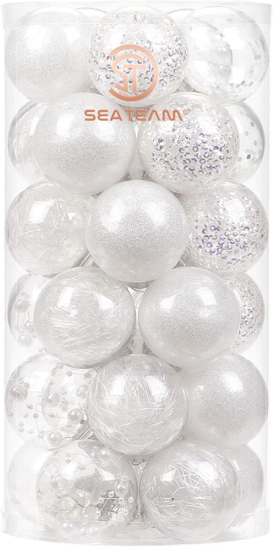 Sea Team Shatterproof Clear Plastic Christmas Ball Ornaments Decorative Xmas Balls Baubles Set with Stuffed Delicate Decorations (50 mm/1.97"/30-Pack, White)